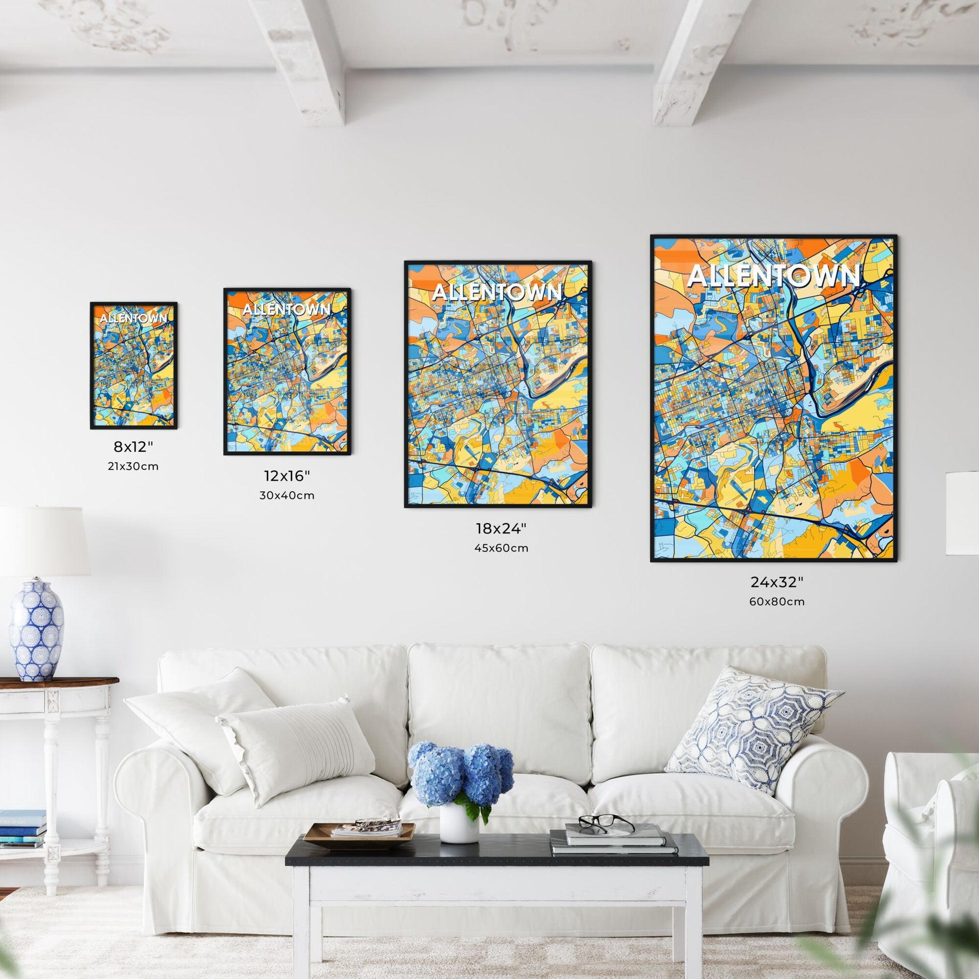 ALLENTOWN PENNSYLVANIA Vibrant Colorful Art Map Poster Blue Orange