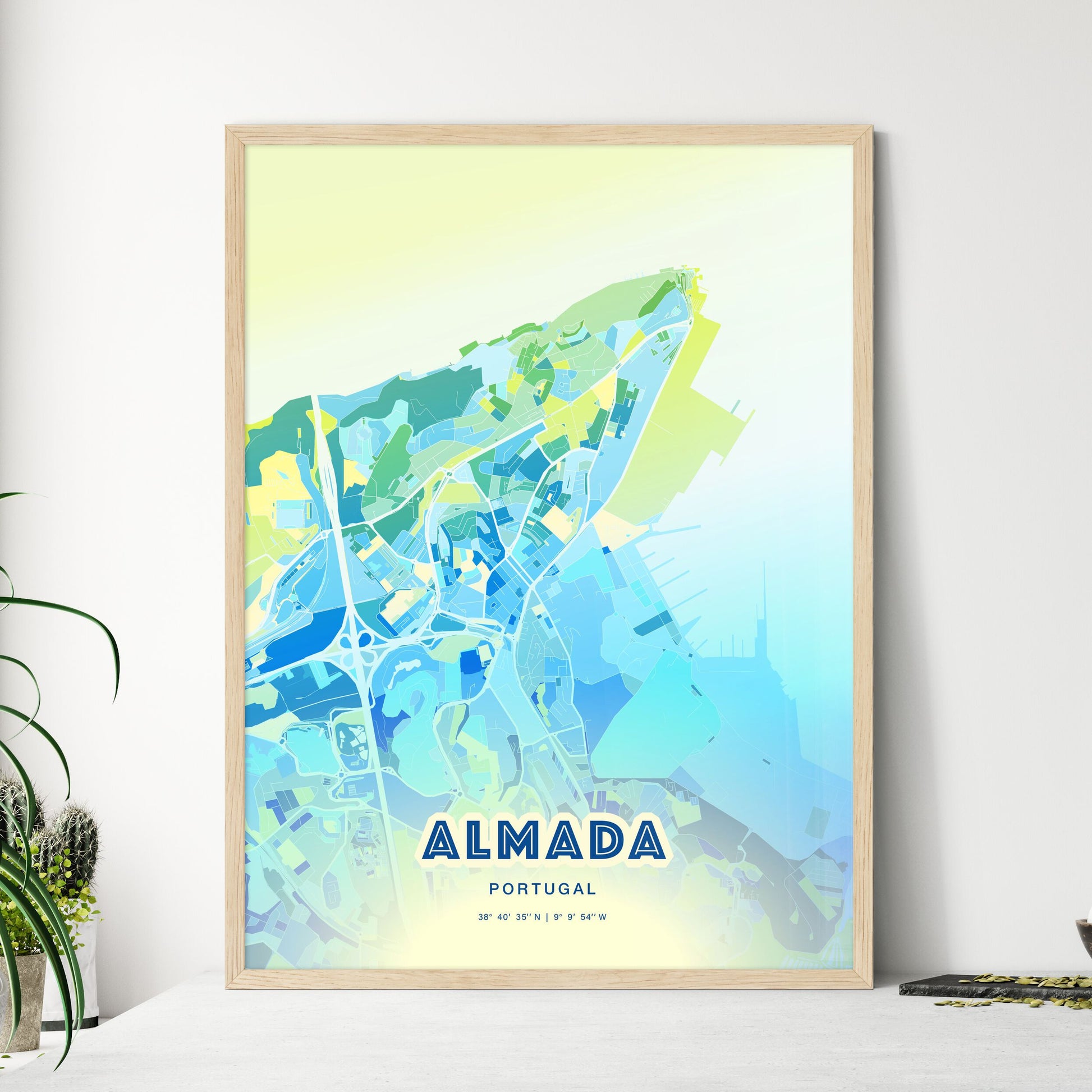 Colorful Almada Portugal Fine Art Map Cool Blue