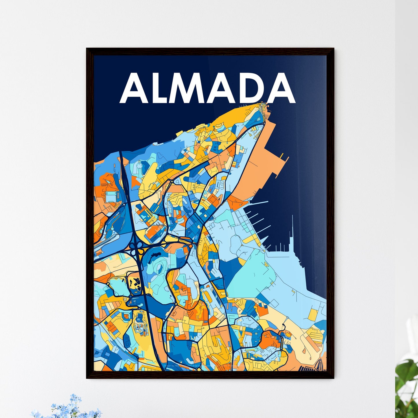 ALMADA PORTUGAL Vibrant Colorful Art Map Poster Blue Orange