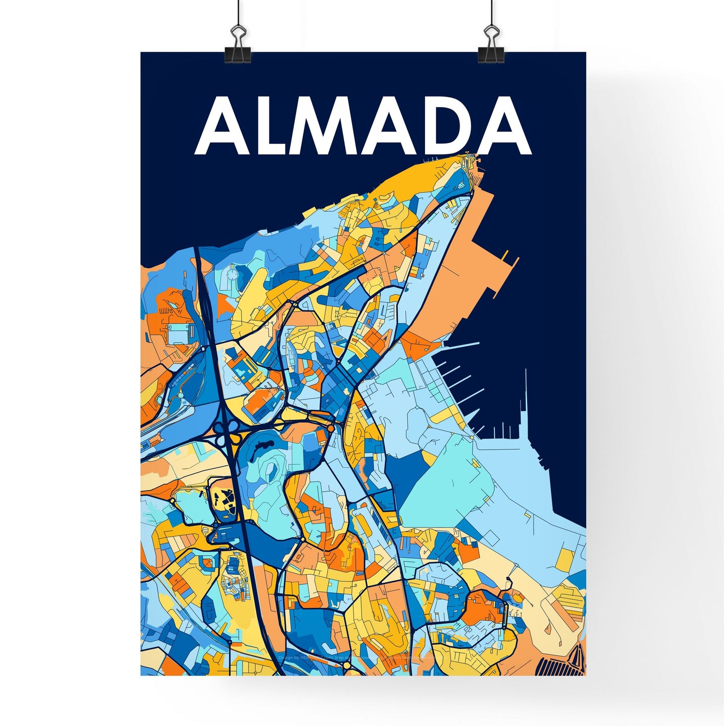 ALMADA PORTUGAL Vibrant Colorful Art Map Poster Blue Orange