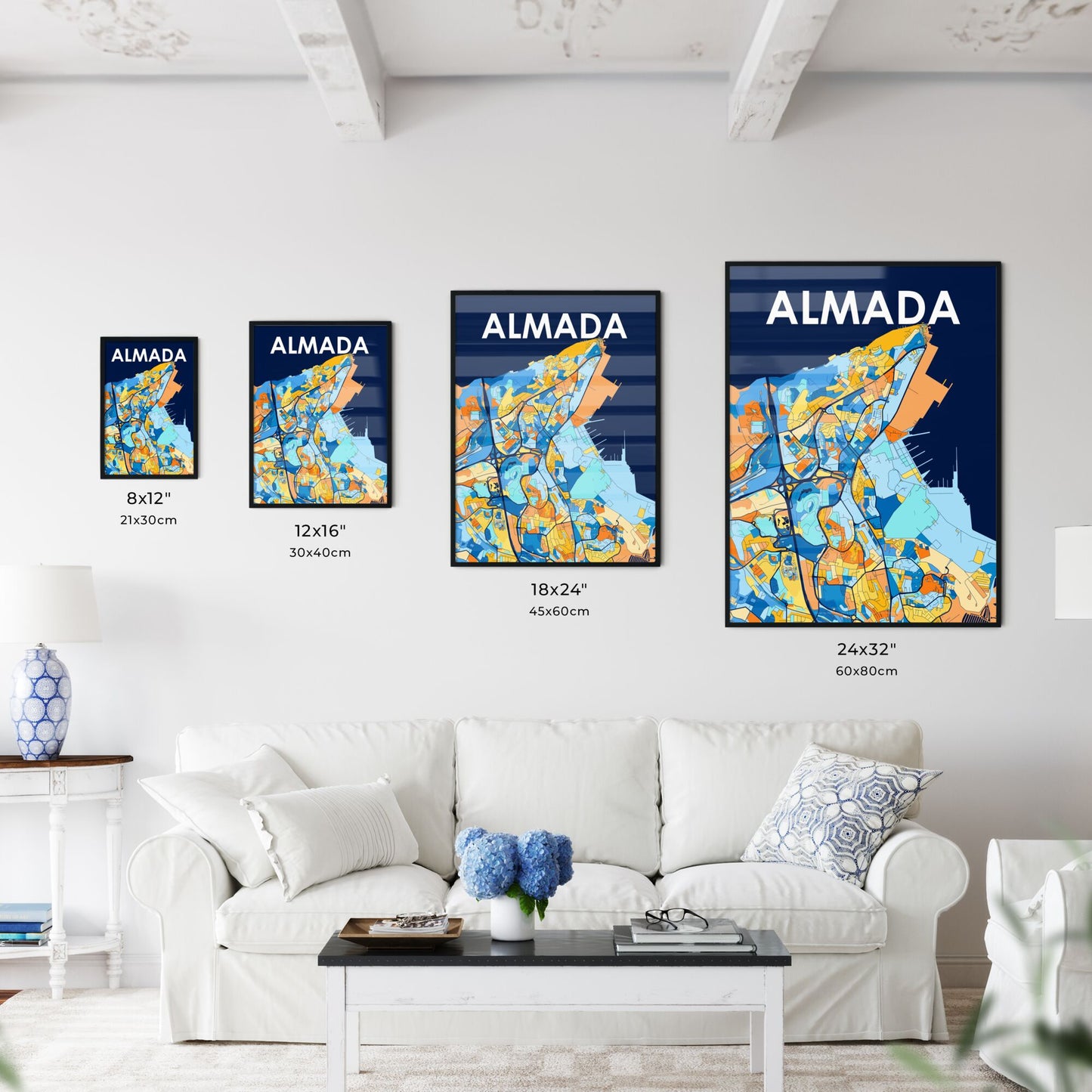 ALMADA PORTUGAL Vibrant Colorful Art Map Poster Blue Orange