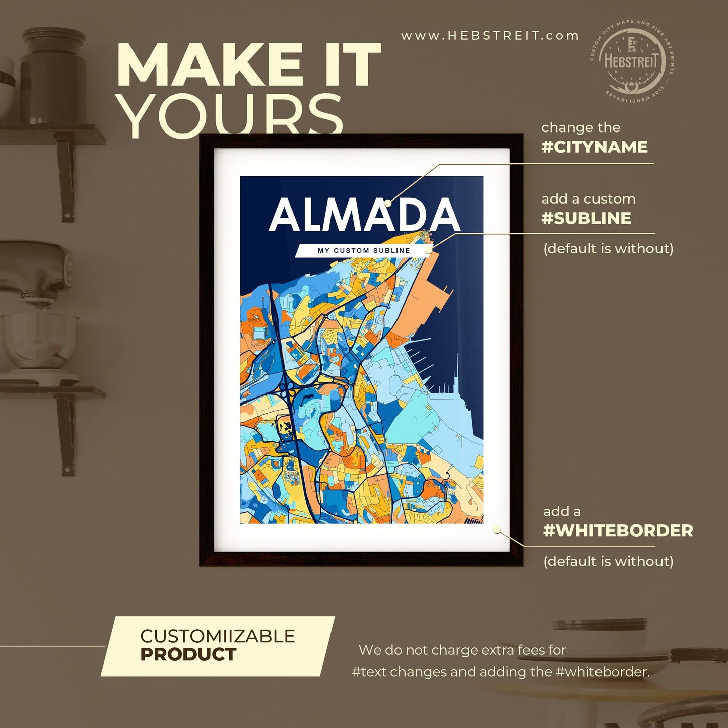 ALMADA PORTUGAL Vibrant Colorful Art Map Poster Blue Orange