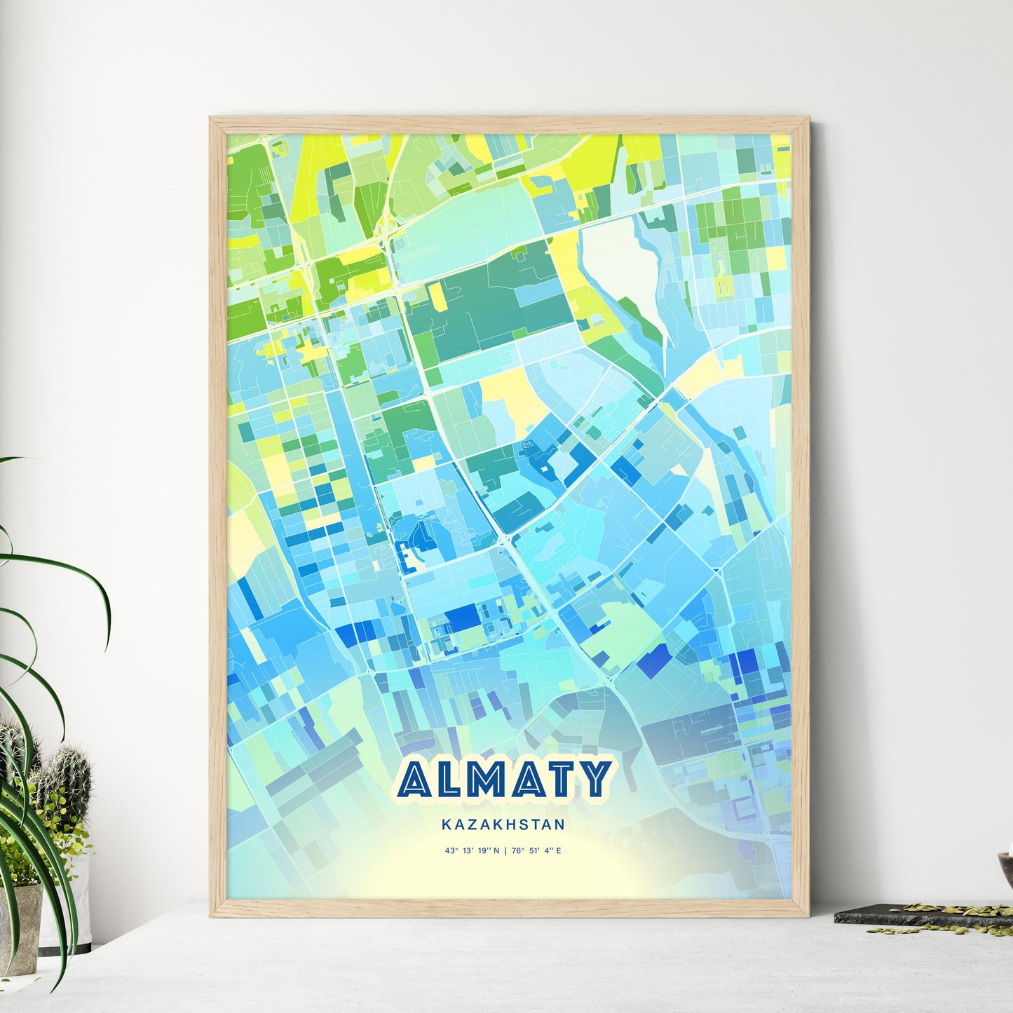 Colorful Almaty Kazakhstan Fine Art Map Cool Blue