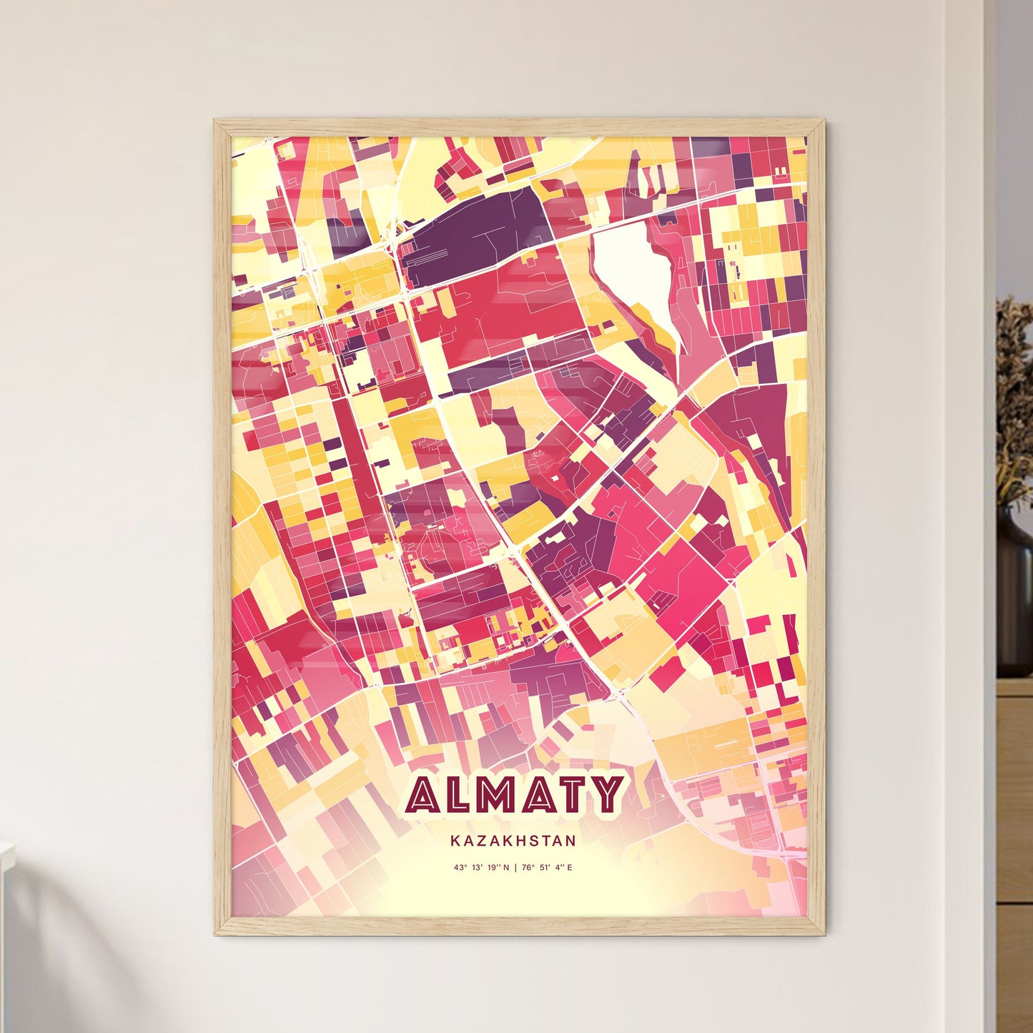 Colorful Almaty Kazakhstan Fine Art Map Hot Red