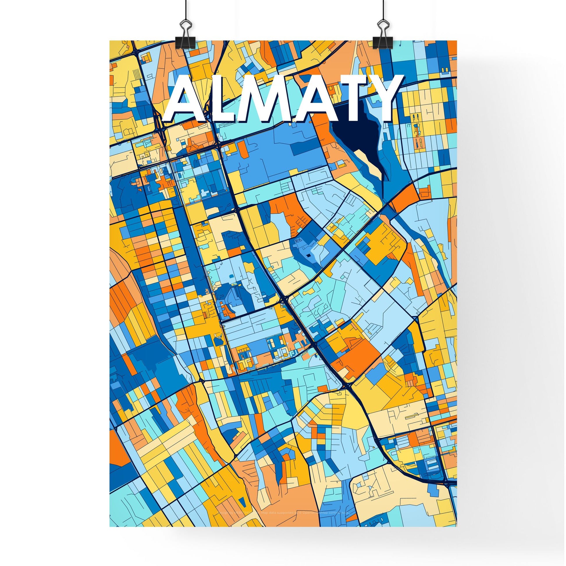 ALMATY KAZAKHSTAN Vibrant Colorful Art Map Poster Blue Orange