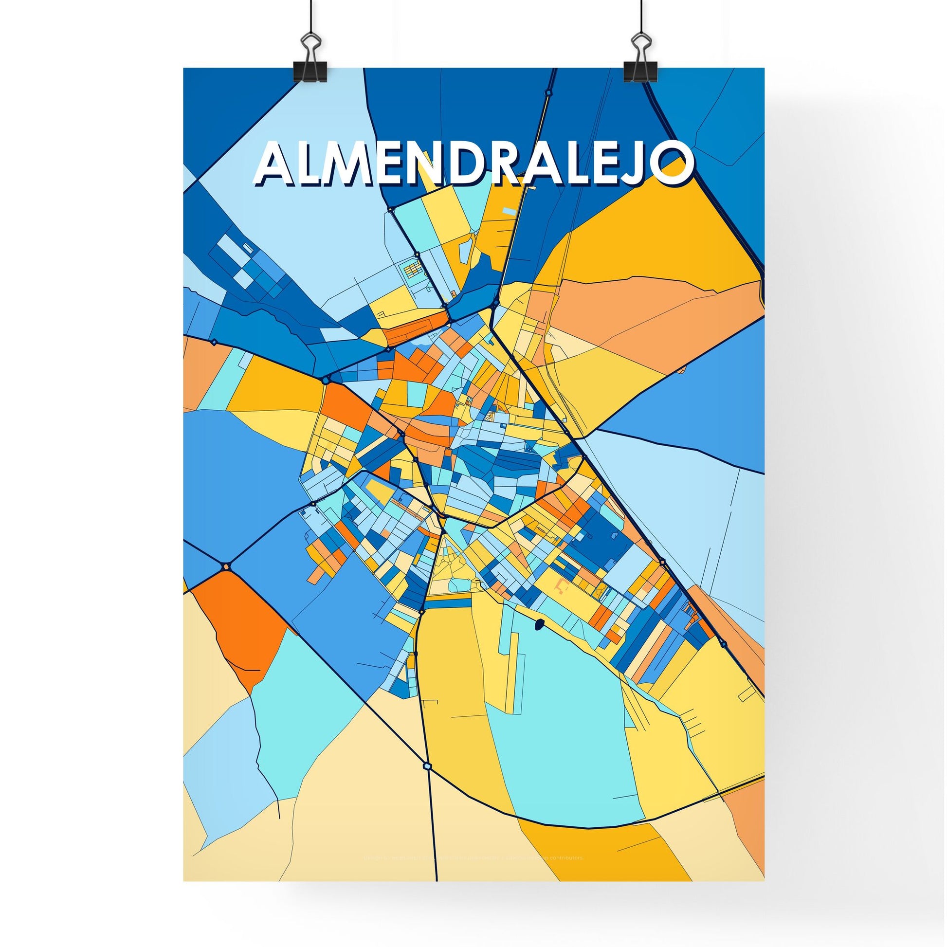 ALMENDRALEJO SPAIN Vibrant Colorful Art Map Poster Blue Orange