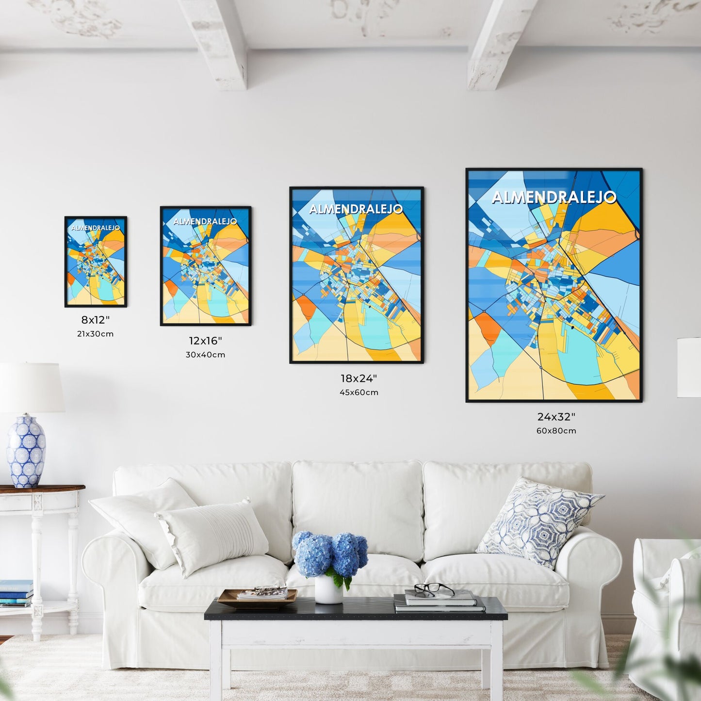 ALMENDRALEJO SPAIN Vibrant Colorful Art Map Poster Blue Orange