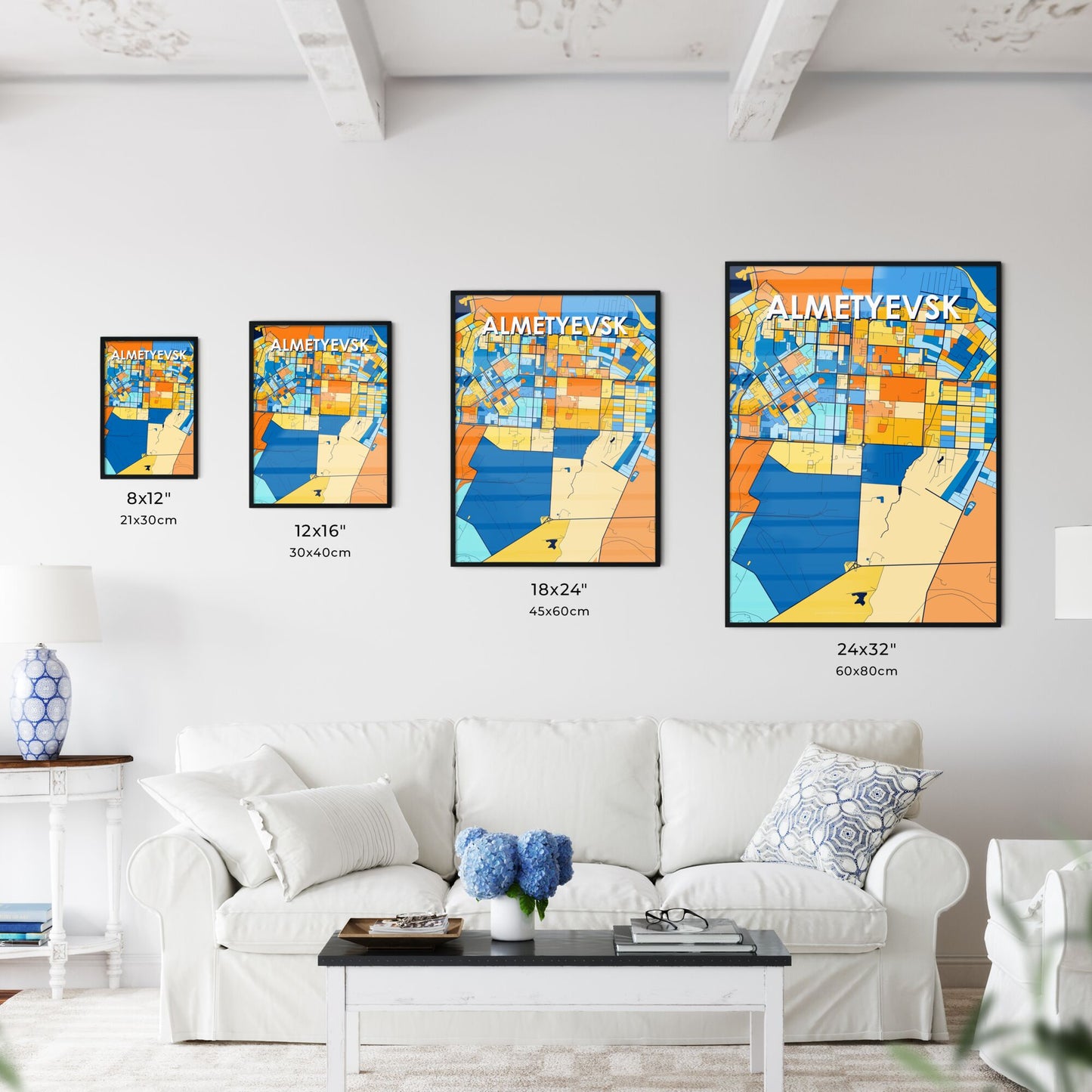 ALMETYEVSK RUSSIA Vibrant Colorful Art Map Poster Blue Orange