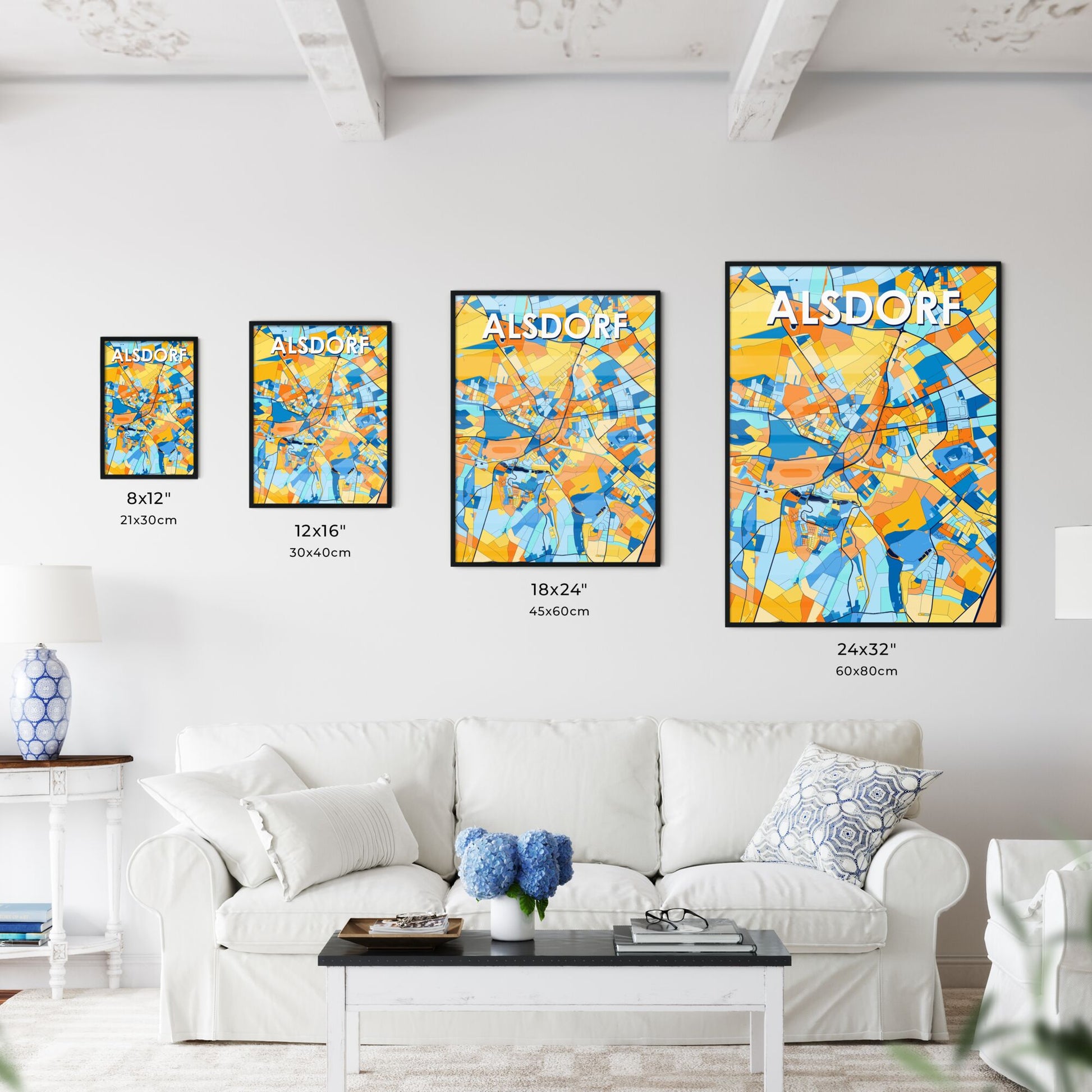 ALSDORF GERMANY Vibrant Colorful Art Map Poster Blue Orange