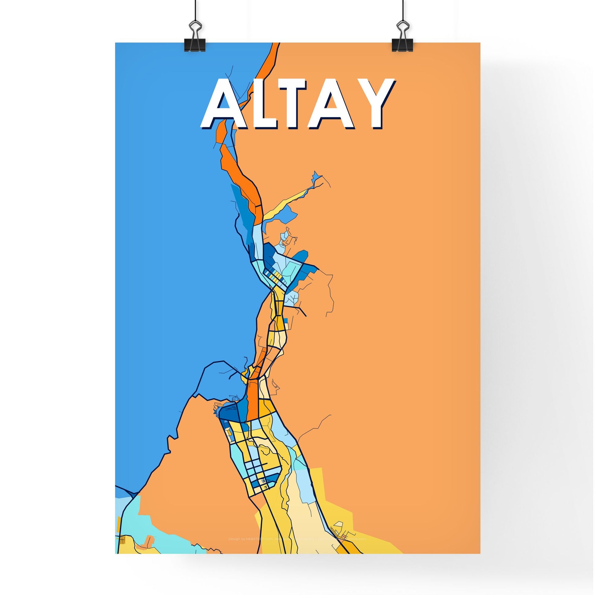 ALTAY CHINA Vibrant Colorful Art Map Poster Blue Orange