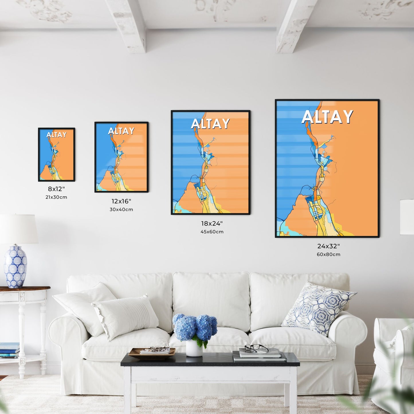 ALTAY CHINA Vibrant Colorful Art Map Poster Blue Orange