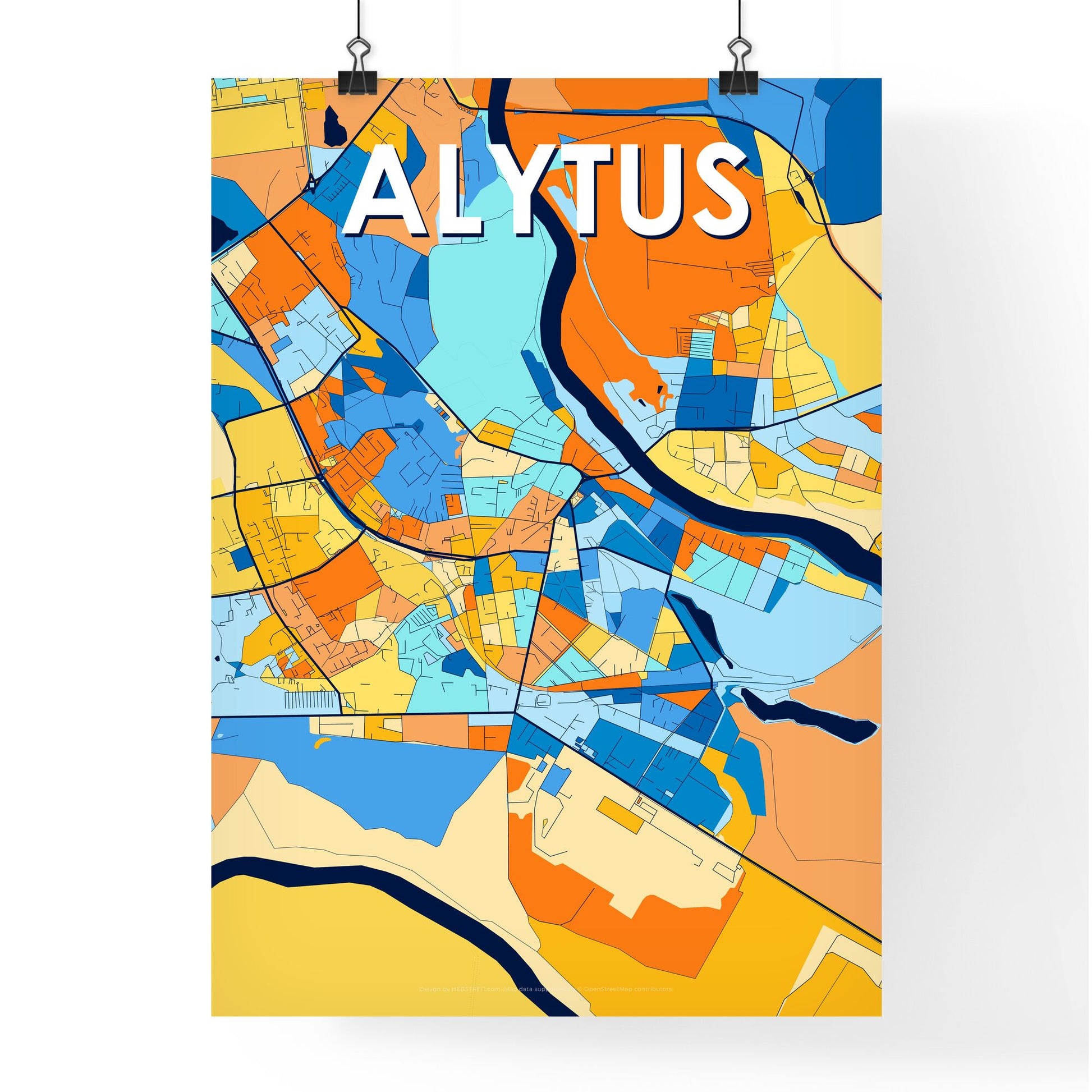 ALYTUS LITHUANIA Vibrant Colorful Art Map Poster Blue Orange