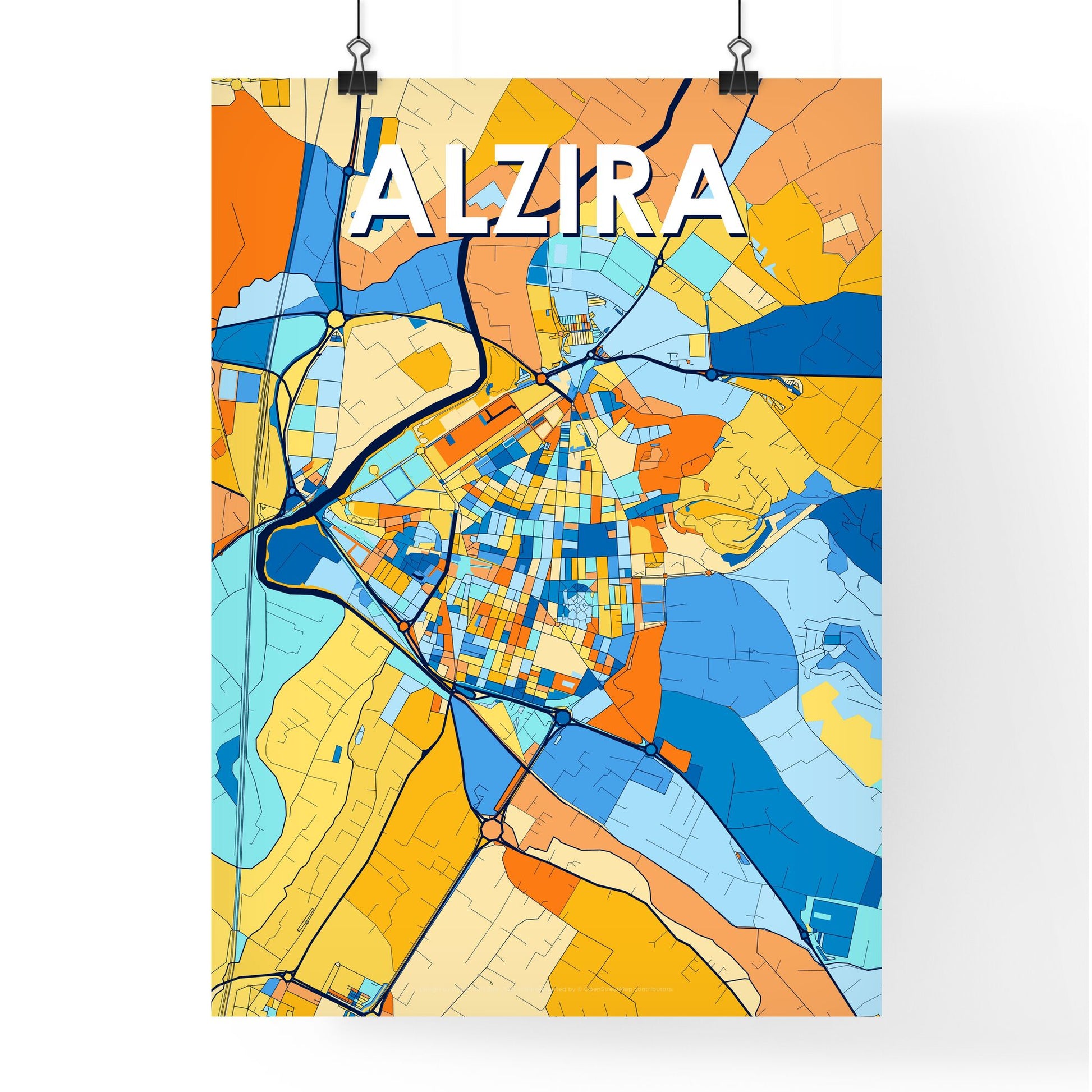 ALZIRA SPAIN Vibrant Colorful Art Map Poster Blue Orange