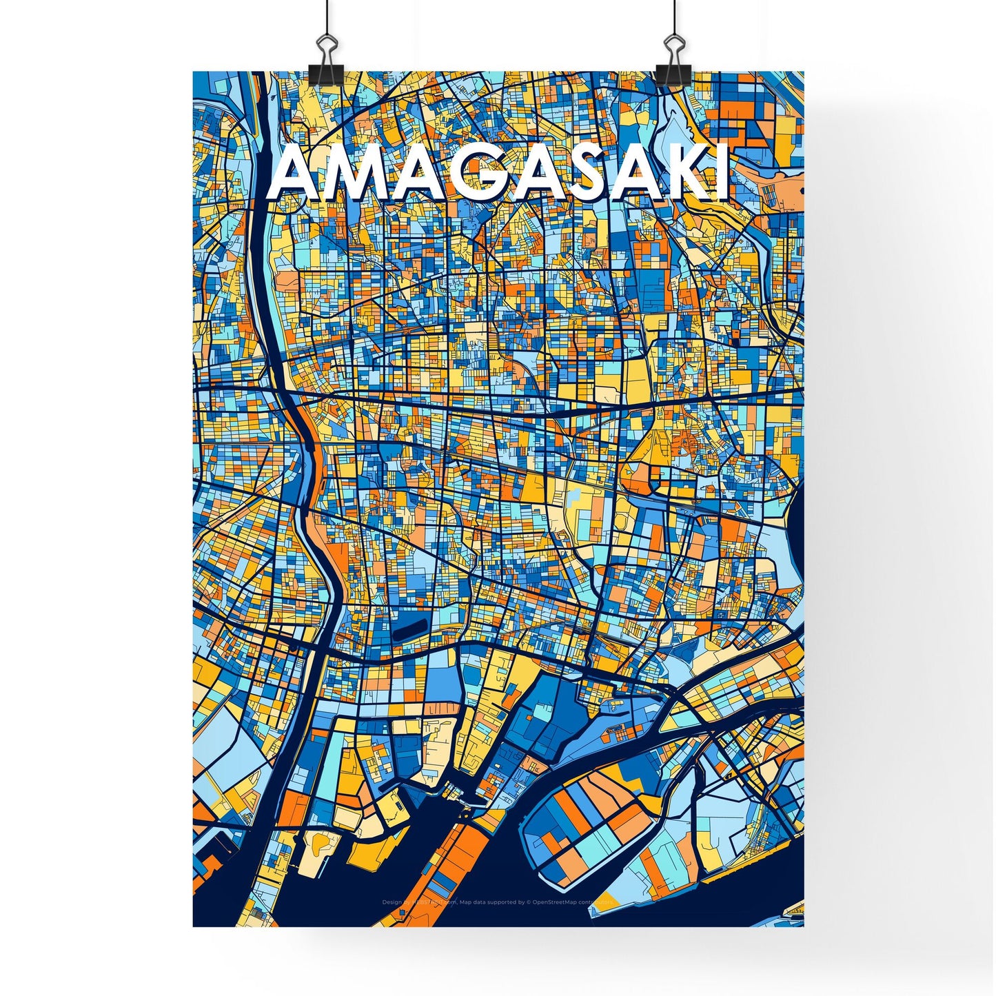 AMAGASAKI JAPAN Vibrant Colorful Art Map Poster Blue Orange