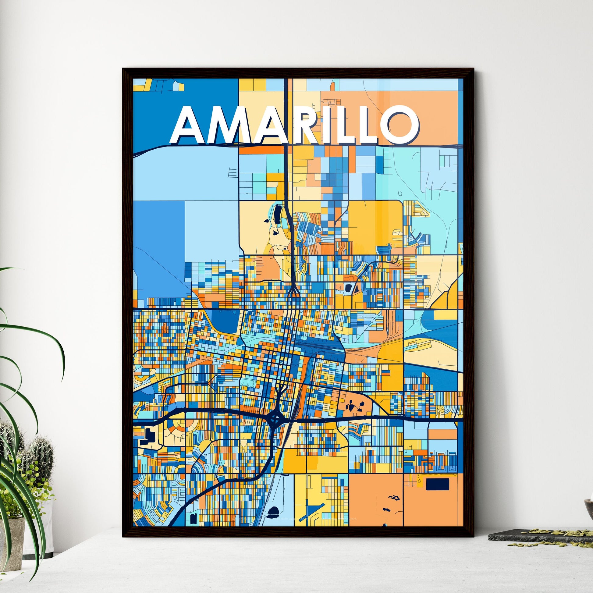 AMARILLO TEXAS Vibrant Colorful Art Map Poster Blue Orange