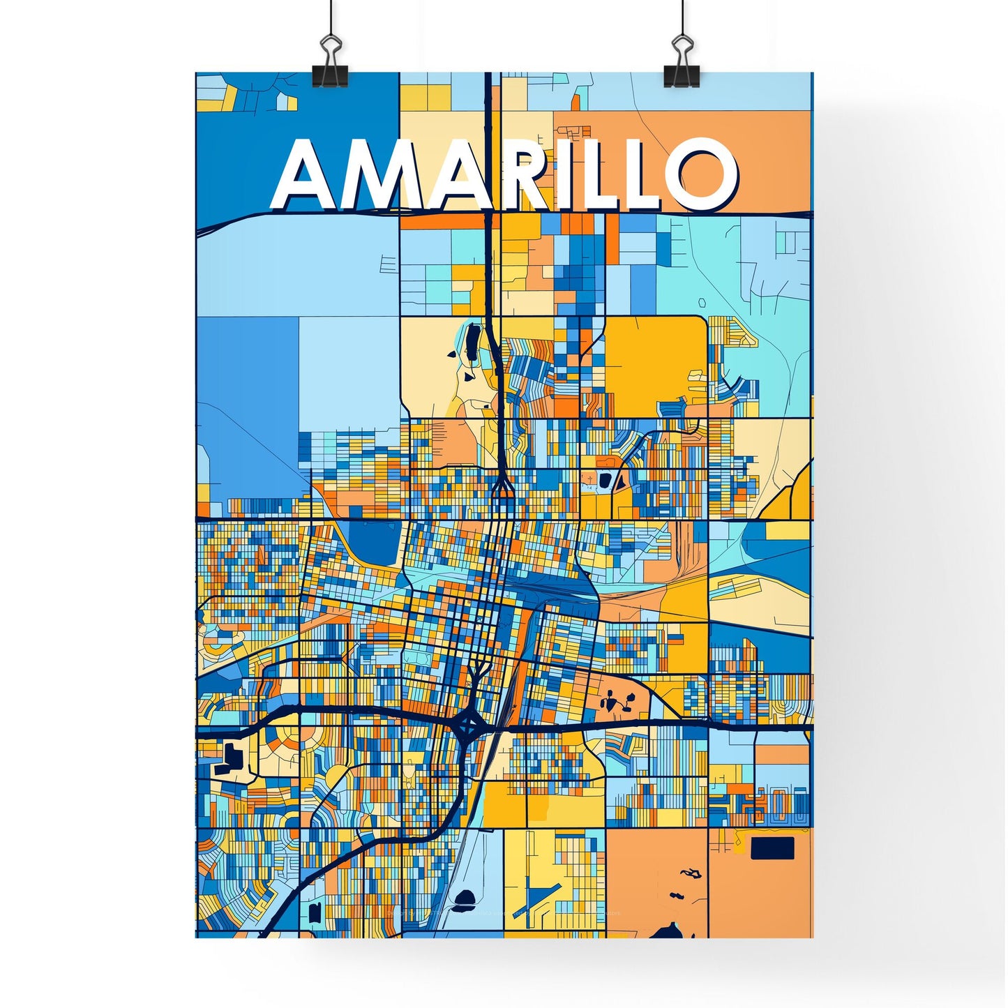 AMARILLO TEXAS Vibrant Colorful Art Map Poster Blue Orange