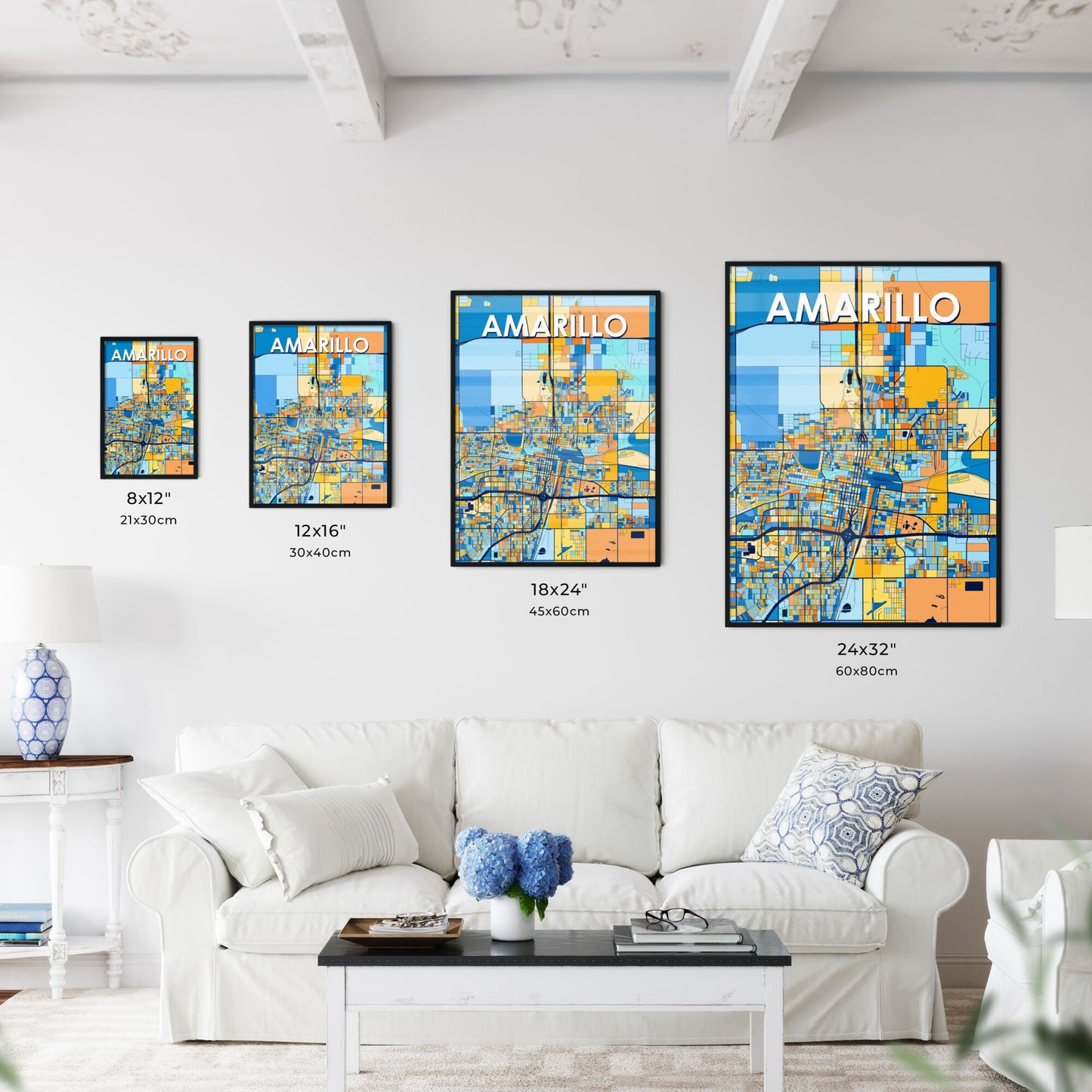 AMARILLO TEXAS Vibrant Colorful Art Map Poster Blue Orange