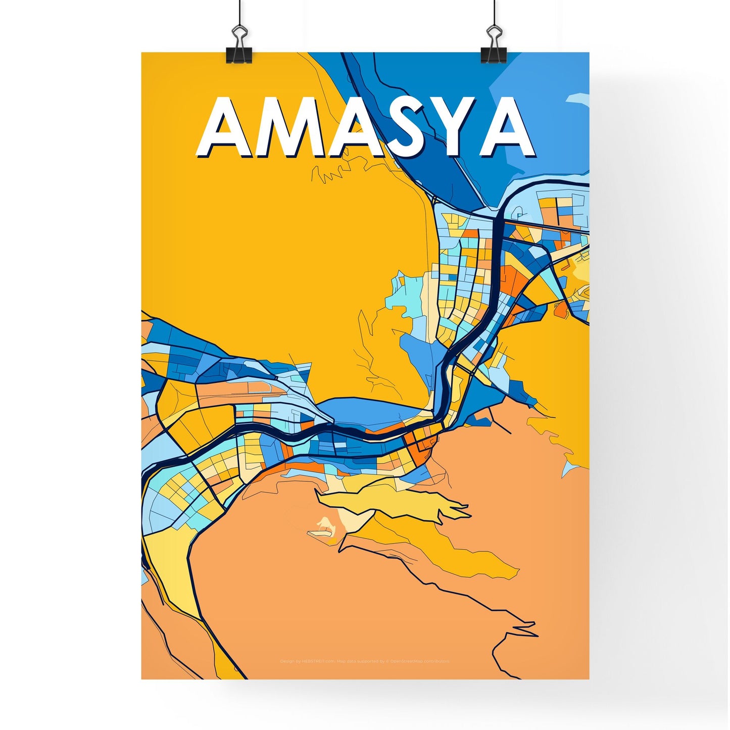 AMASYA TURKEY Vibrant Colorful Art Map Poster Blue Orange