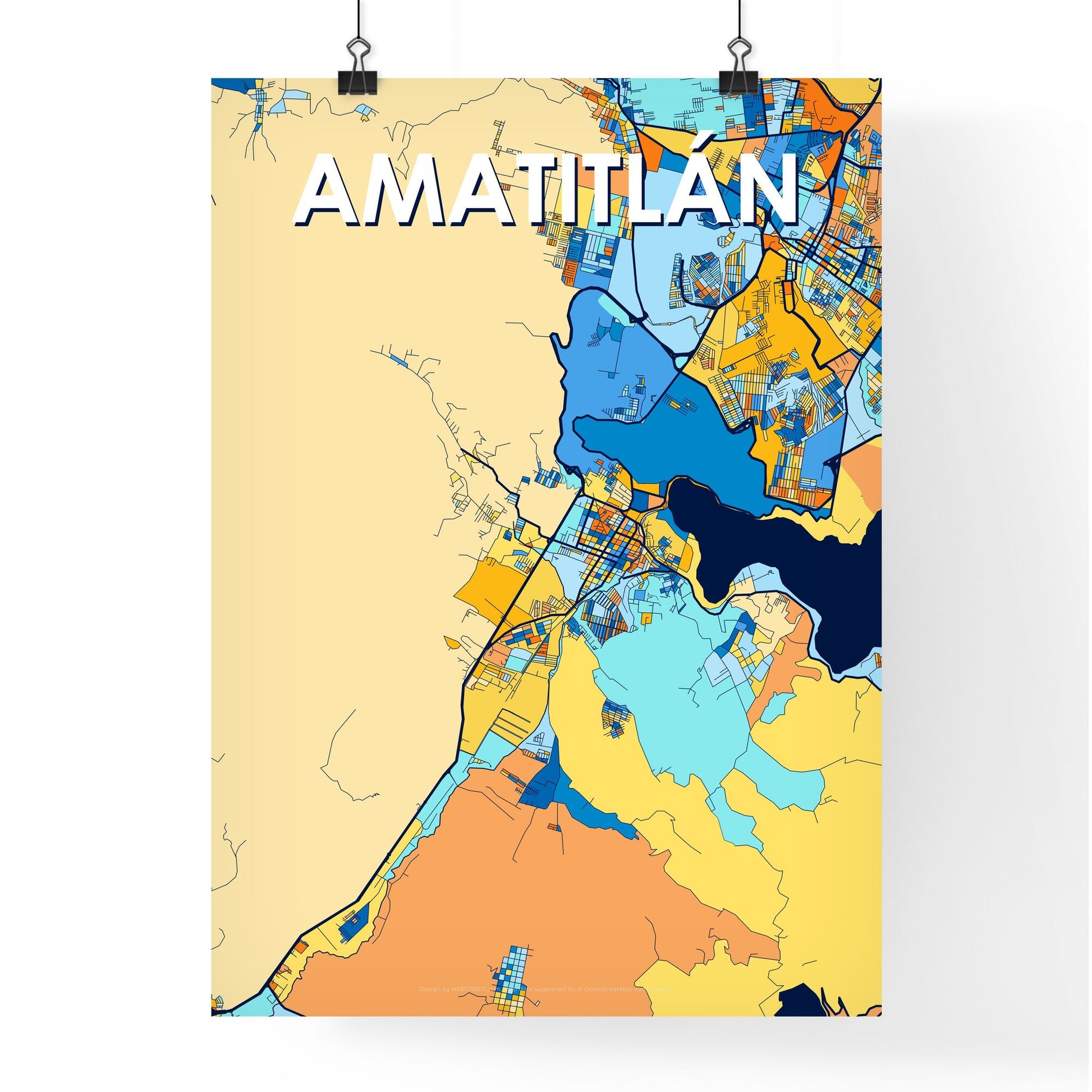 AMATITLÁN GUATEMALA Vibrant Colorful Art Map Poster Blue Orange