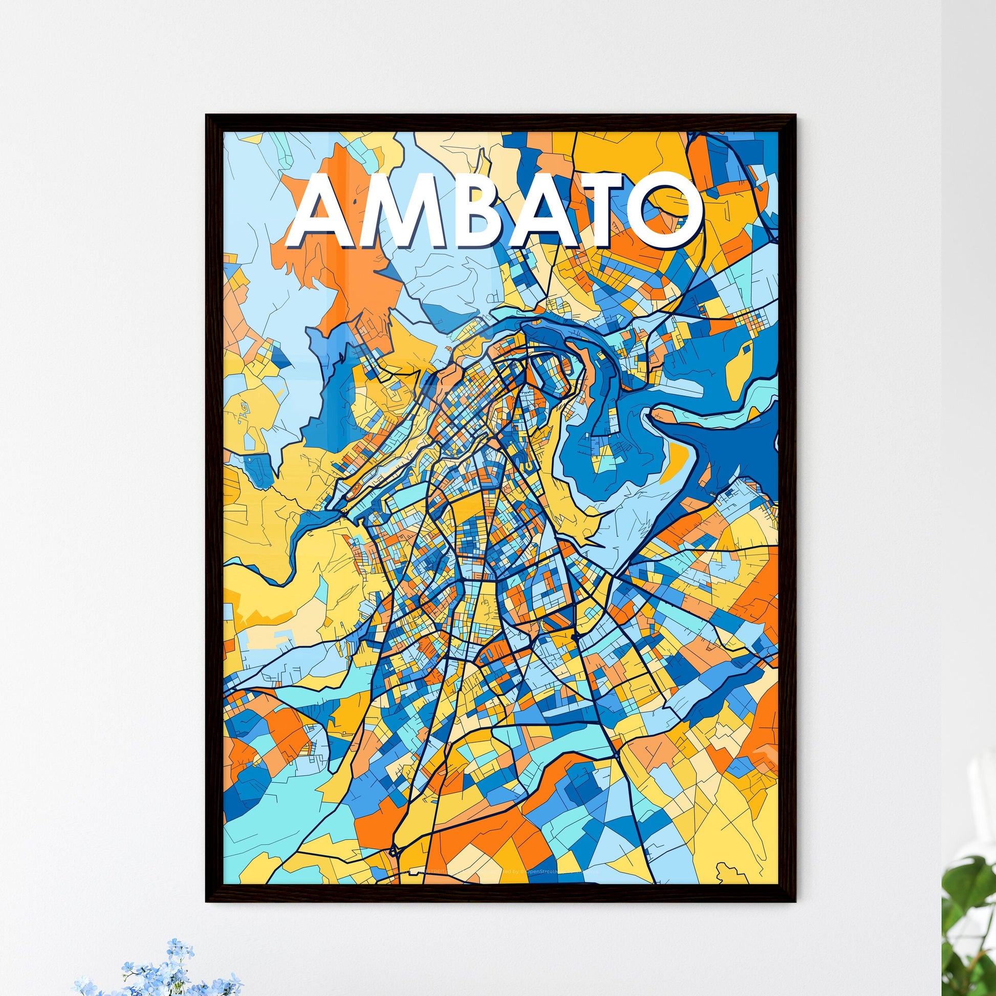 AMBATO ECUADOR Vibrant Colorful Art Map Poster Blue Orange