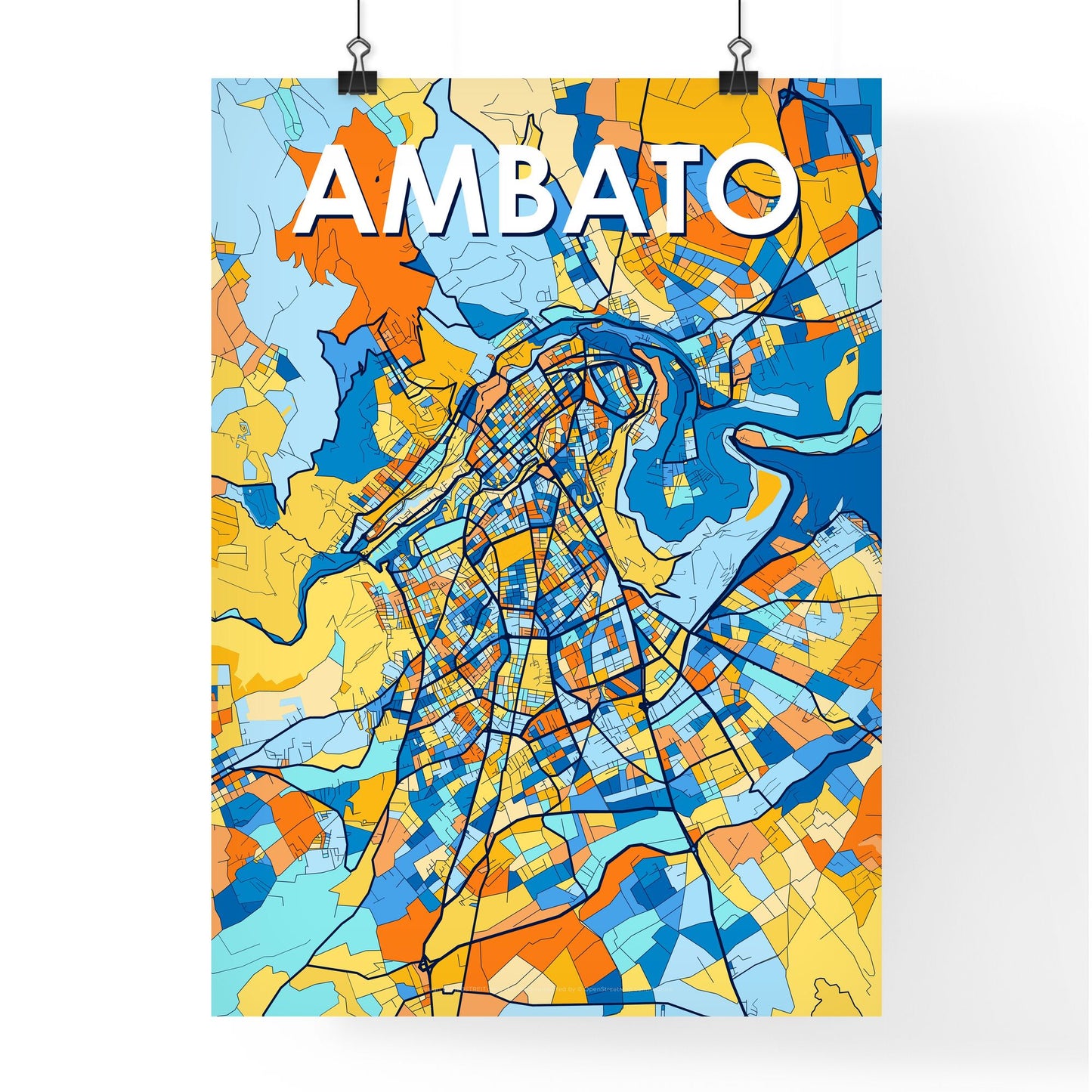 AMBATO ECUADOR Vibrant Colorful Art Map Poster Blue Orange