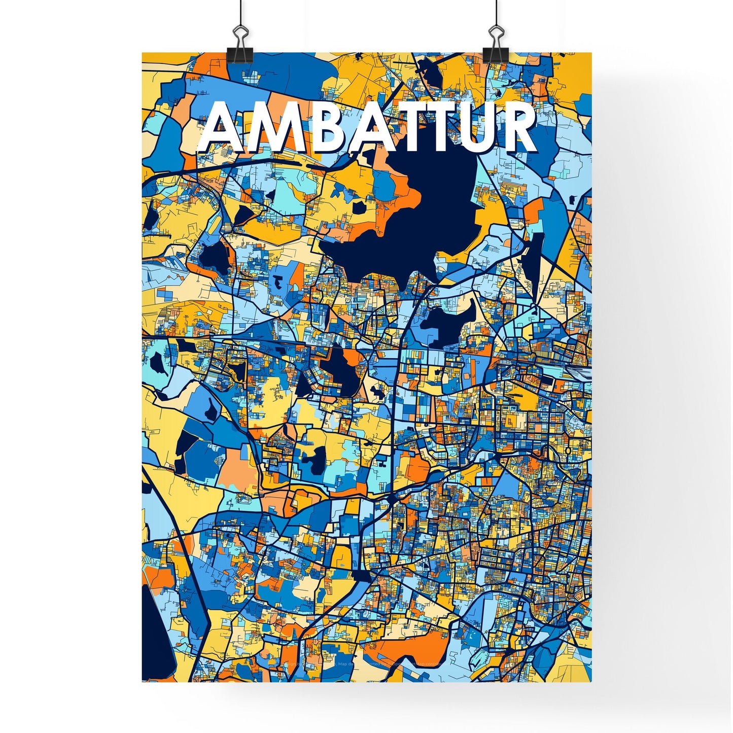 AMBATTUR INDIA Vibrant Colorful Art Map Poster Blue Orange