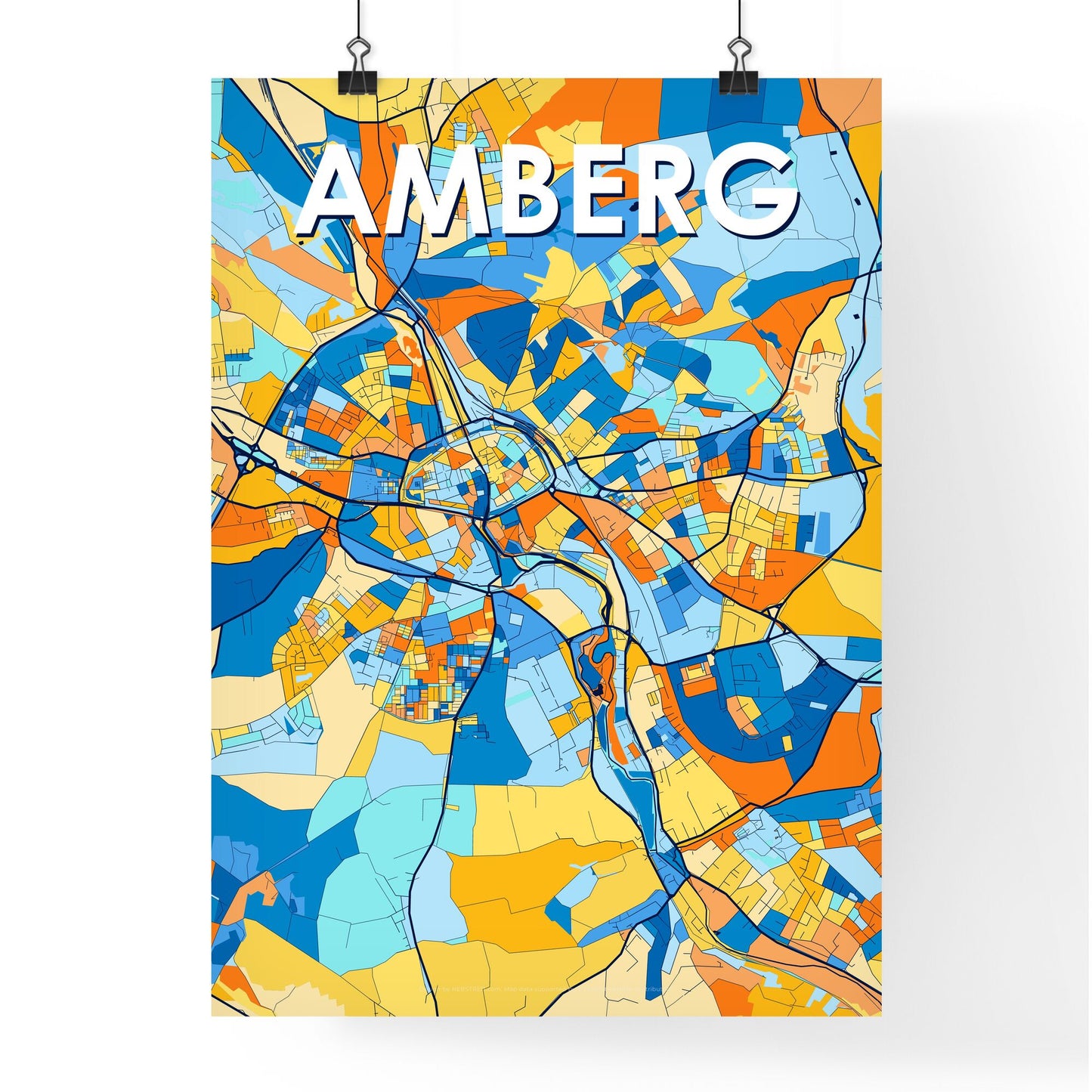 AMBERG GERMANY Vibrant Colorful Art Map Poster Blue Orange