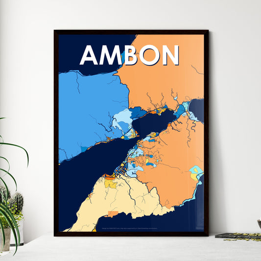 AMBON INDONESIA Vibrant Colorful Art Map Poster Blue Orange