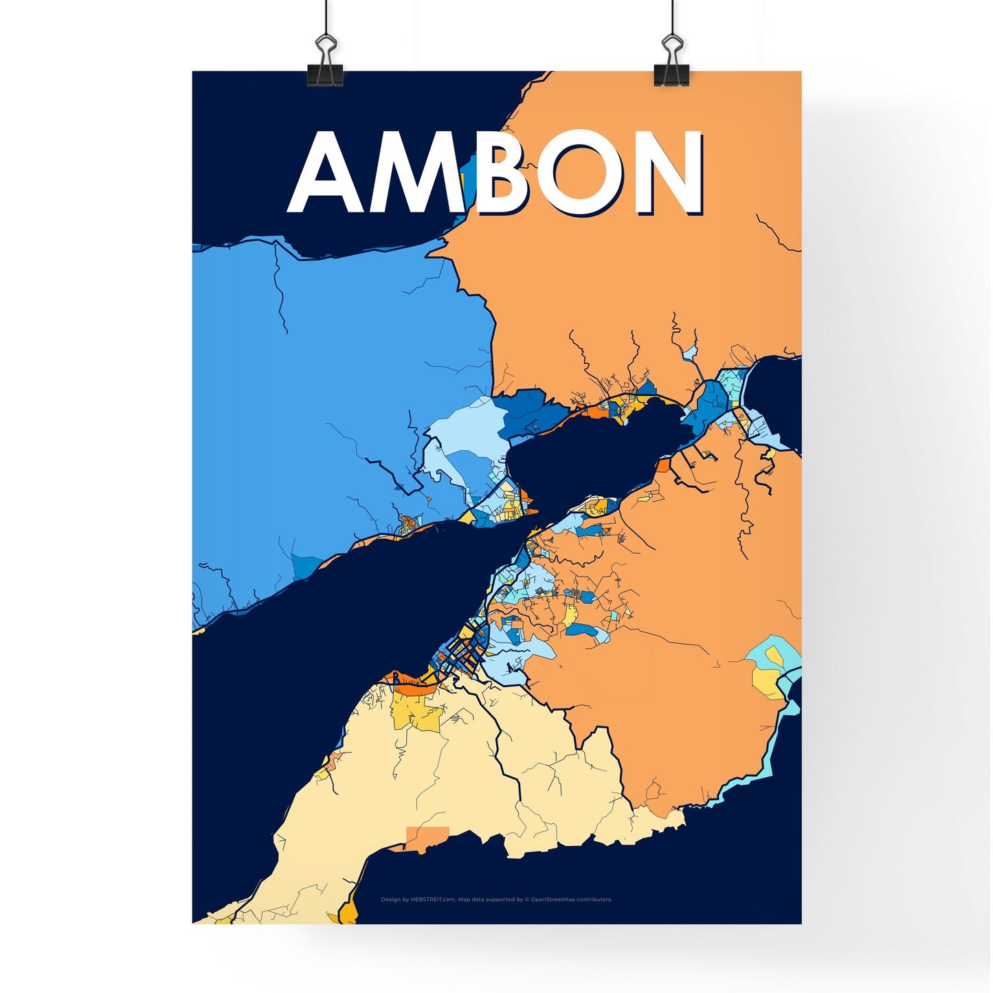 AMBON INDONESIA Vibrant Colorful Art Map Poster Blue Orange