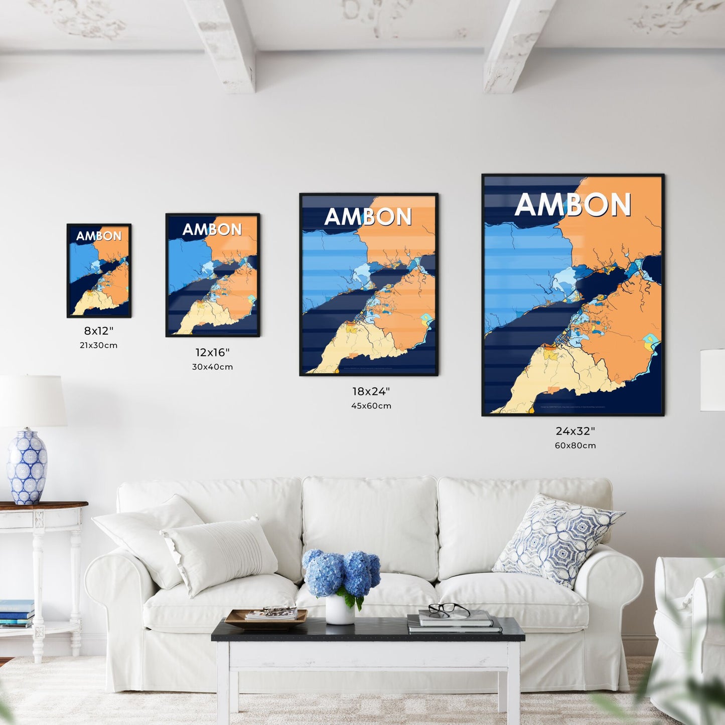 AMBON INDONESIA Vibrant Colorful Art Map Poster Blue Orange