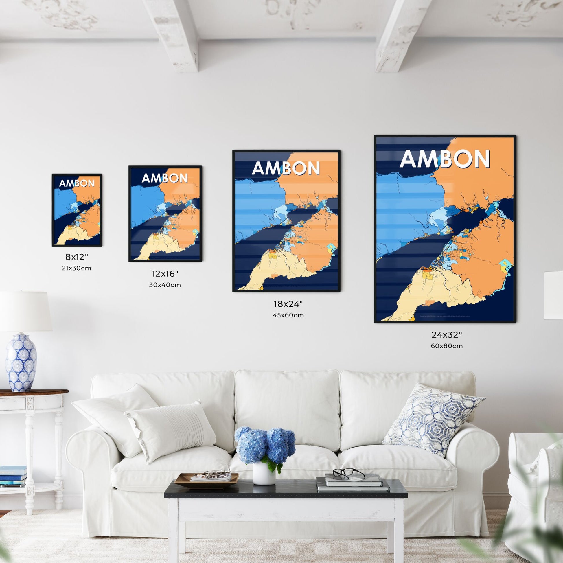 AMBON INDONESIA Vibrant Colorful Art Map Poster Blue Orange