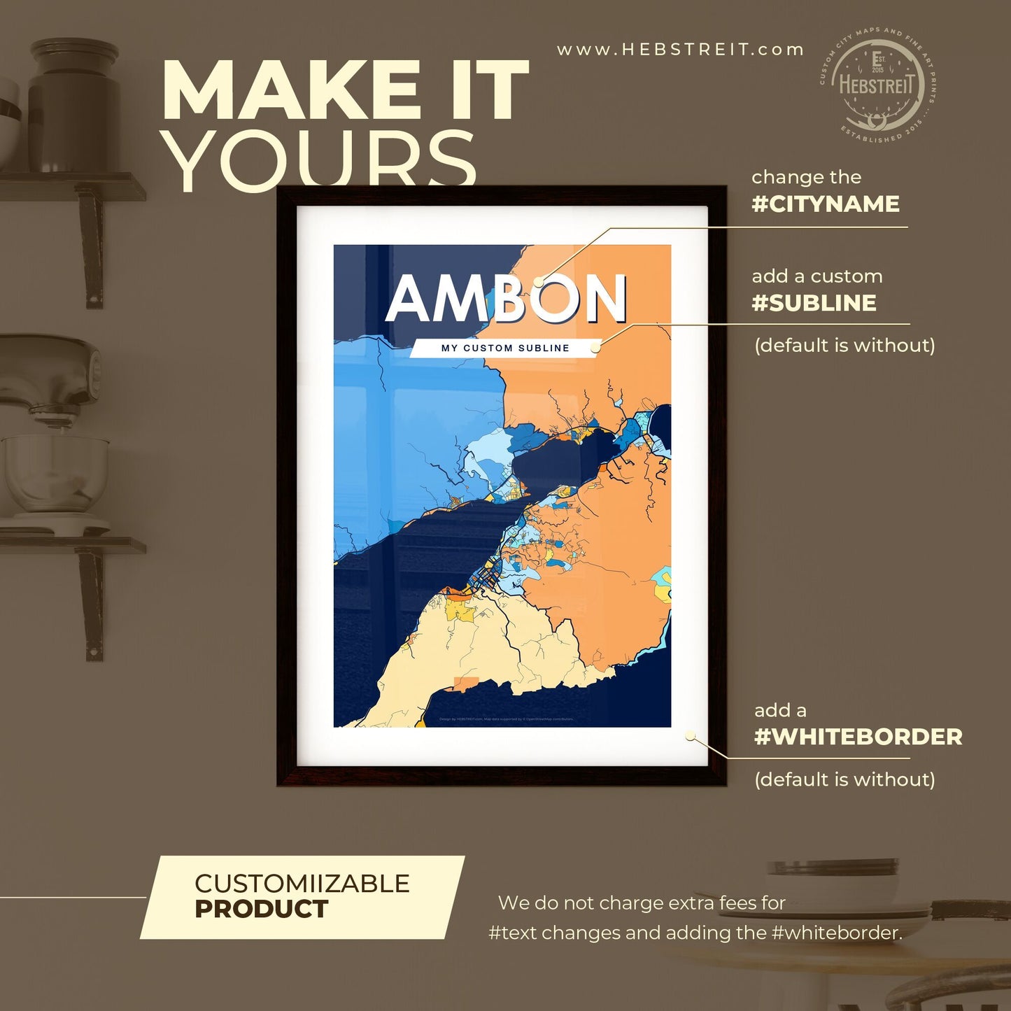 AMBON INDONESIA Vibrant Colorful Art Map Poster Blue Orange