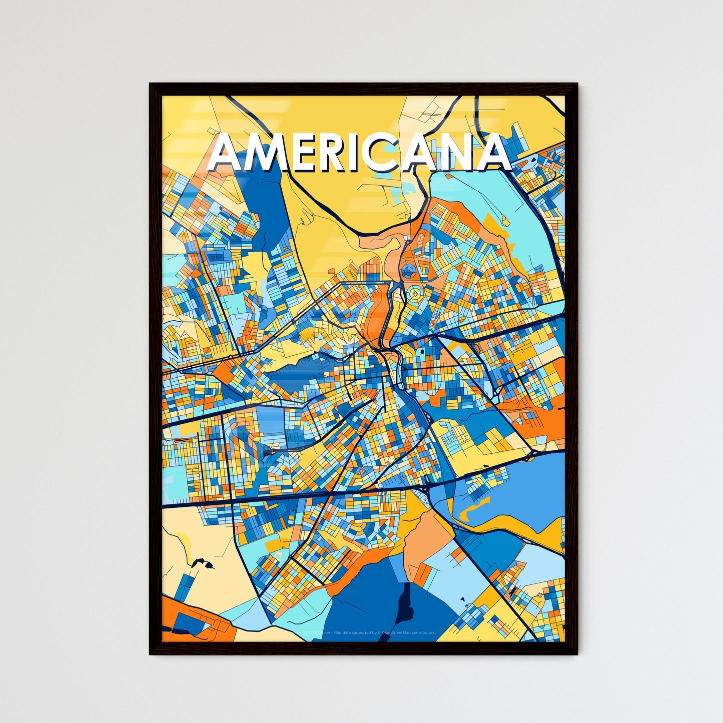 AMERICANA BRAZIL Vibrant Colorful Art Map Poster Blue Orange