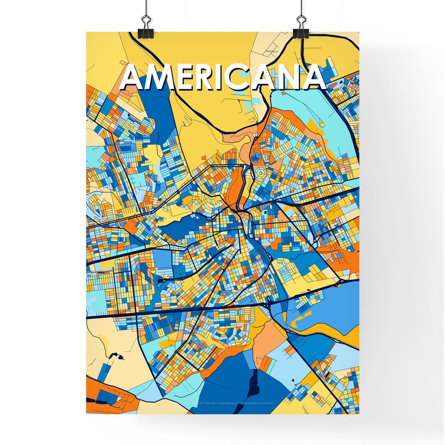 AMERICANA BRAZIL Vibrant Colorful Art Map Poster Blue Orange