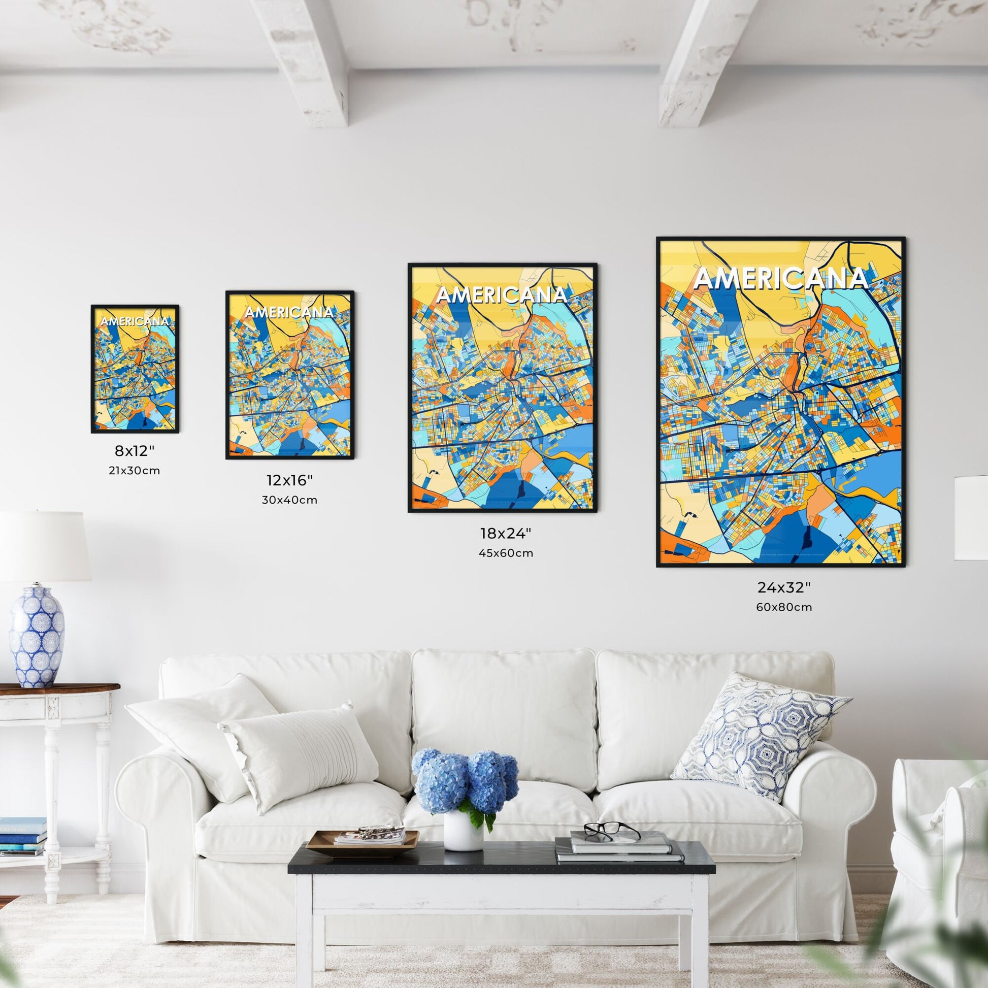 AMERICANA BRAZIL Vibrant Colorful Art Map Poster Blue Orange