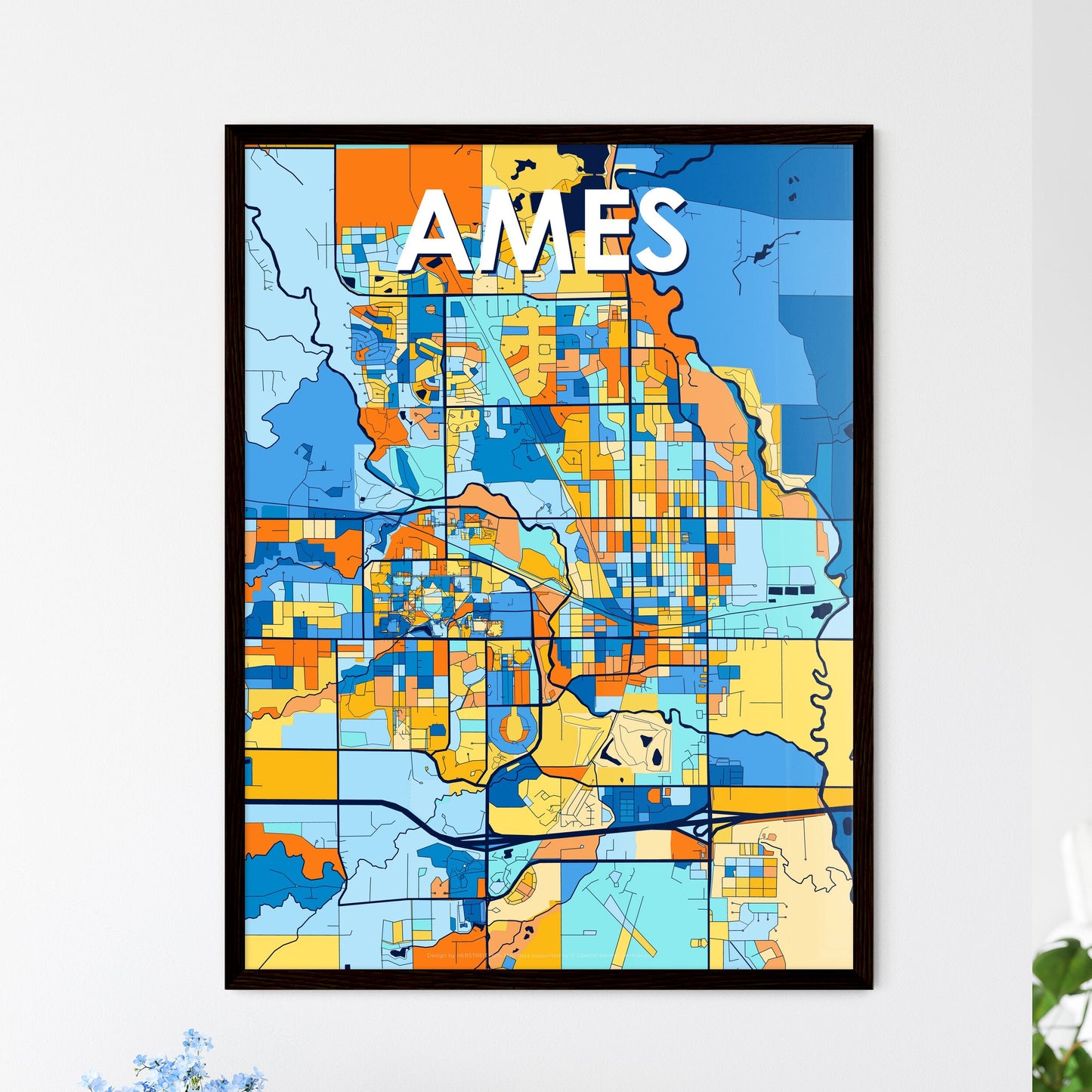 AMES IOWA Vibrant Colorful Art Map Poster Blue Orange