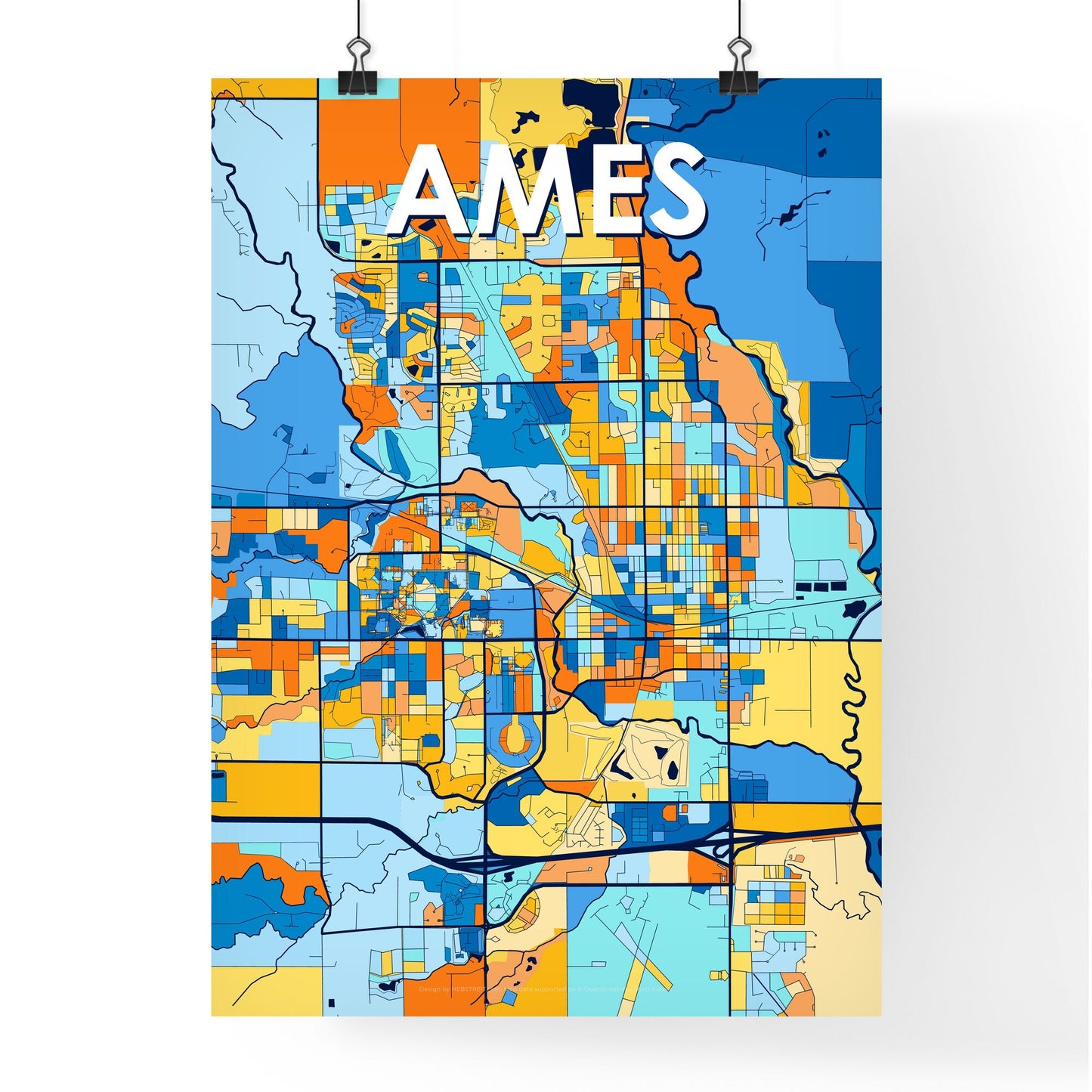 AMES IOWA Vibrant Colorful Art Map Poster Blue Orange