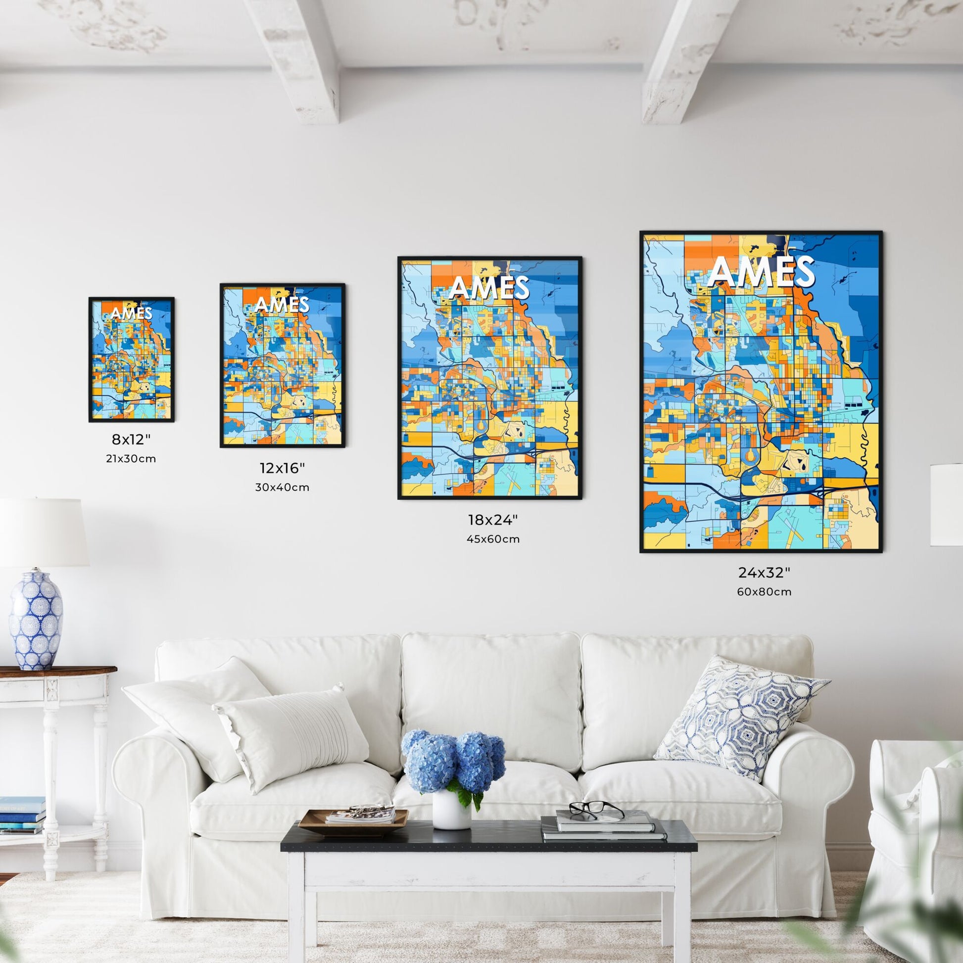 AMES IOWA Vibrant Colorful Art Map Poster Blue Orange