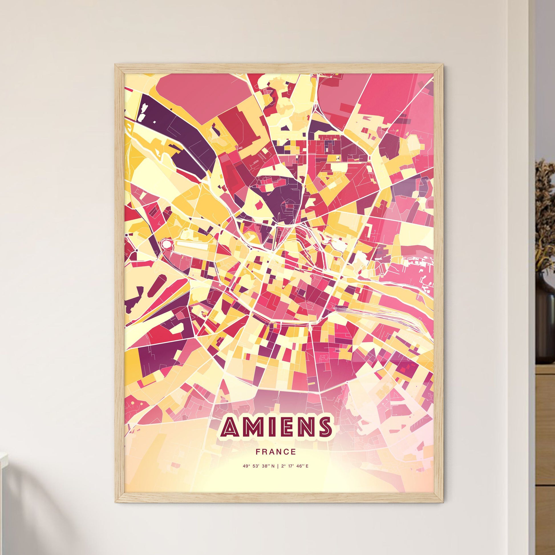 Colorful Amiens France Fine Art Map Hot Red