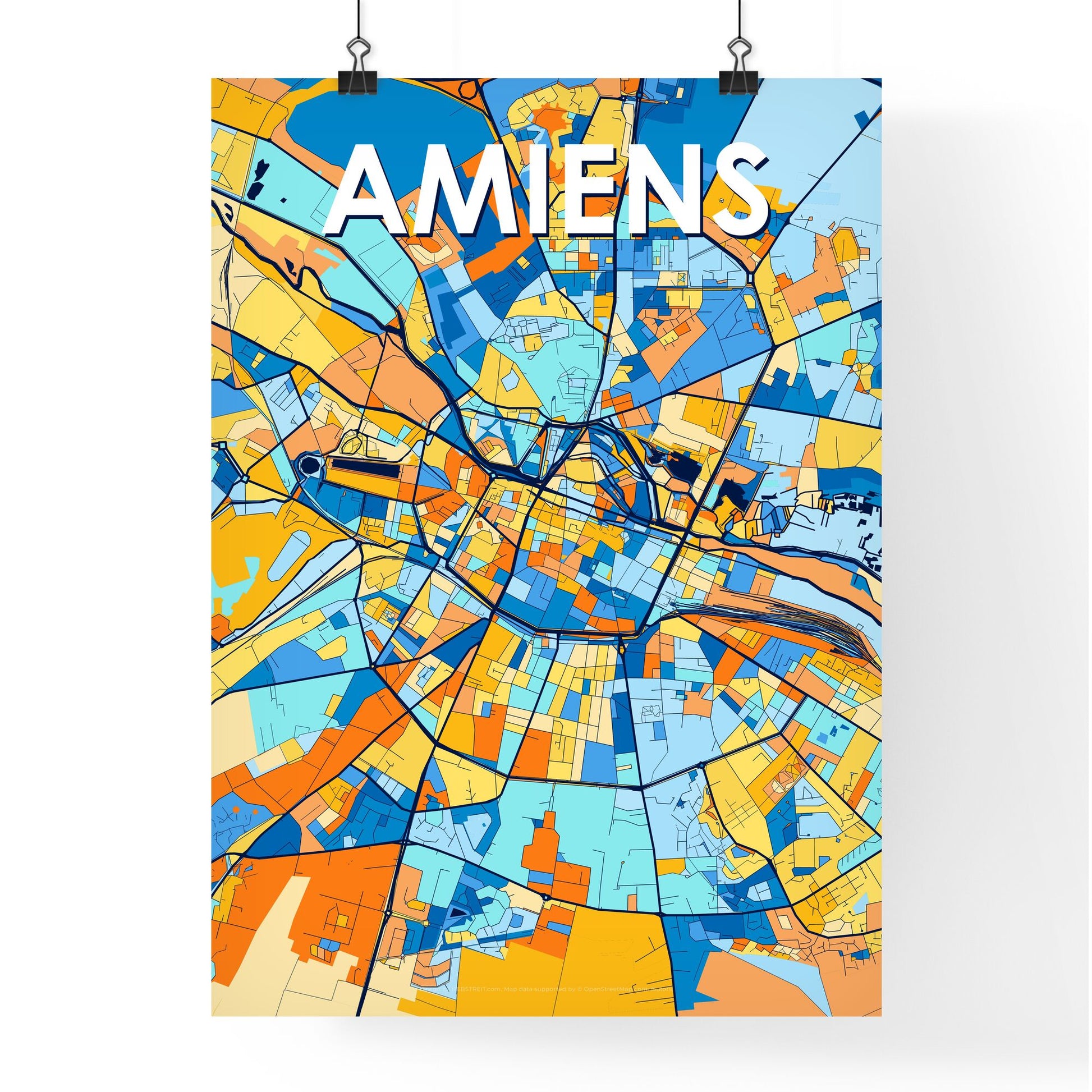 AMIENS FRANCE Vibrant Colorful Art Map Poster Blue Orange