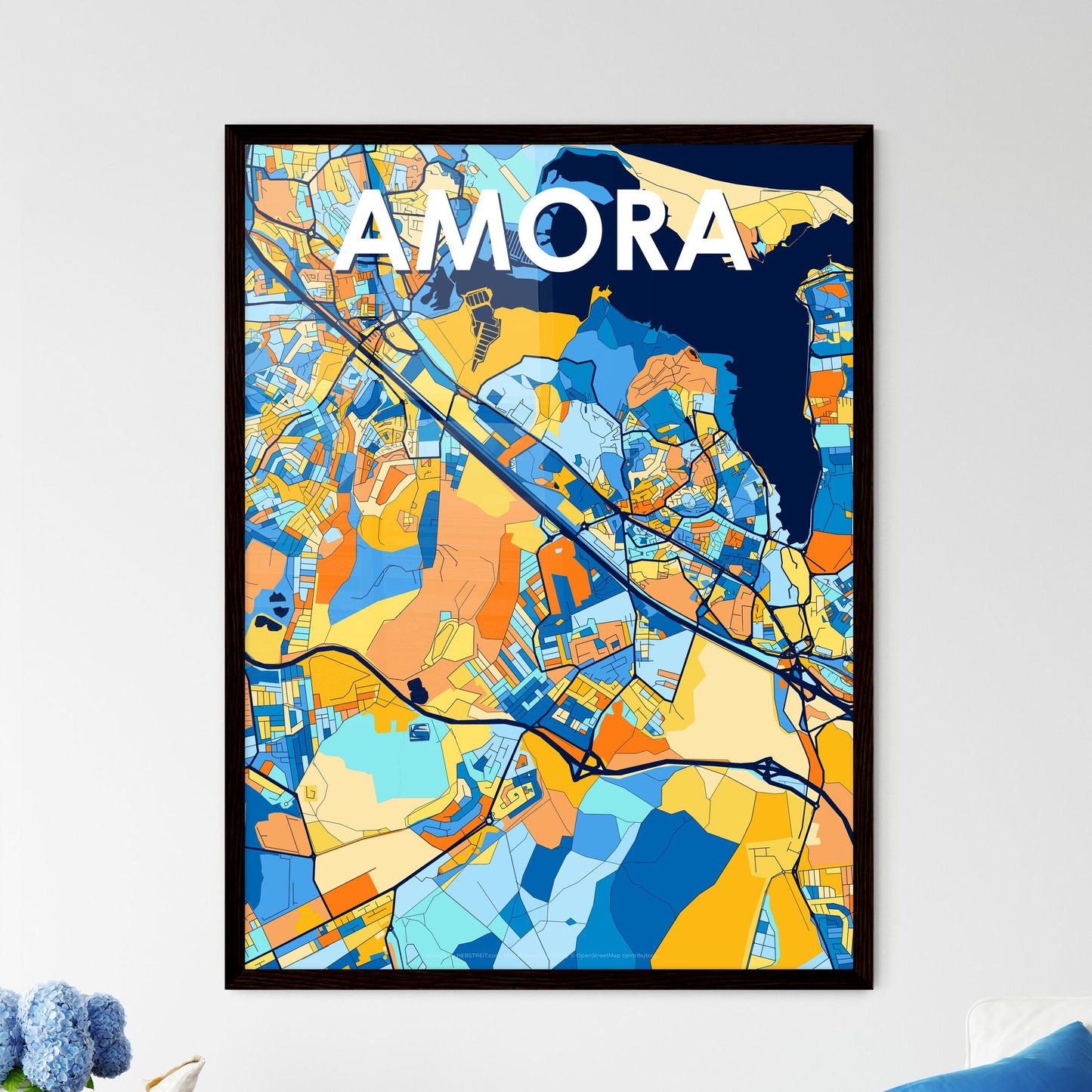 AMORA PORTUGAL Vibrant Colorful Art Map Poster Blue Orange