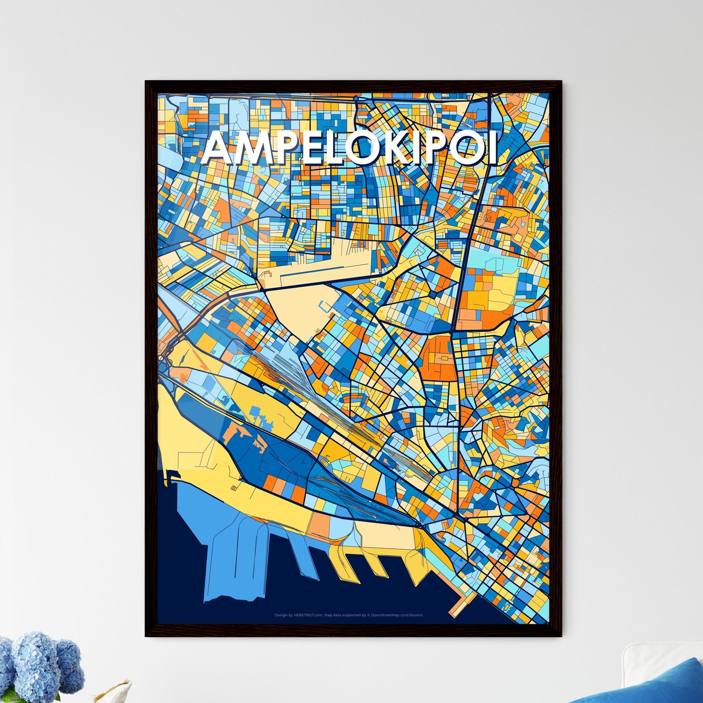 AMPELOKIPOI GREECE Vibrant Colorful Art Map Poster Blue Orange