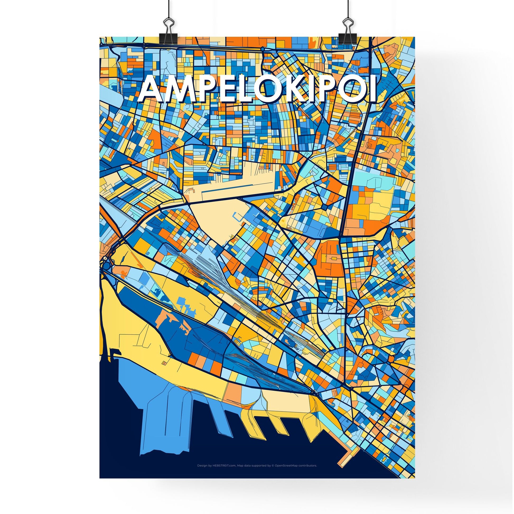 AMPELOKIPOI GREECE Vibrant Colorful Art Map Poster Blue Orange