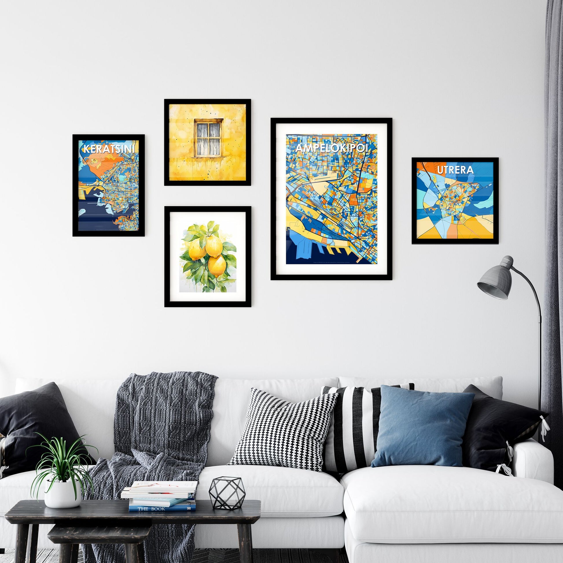 AMPELOKIPOI GREECE Vibrant Colorful Art Map Poster Blue Orange