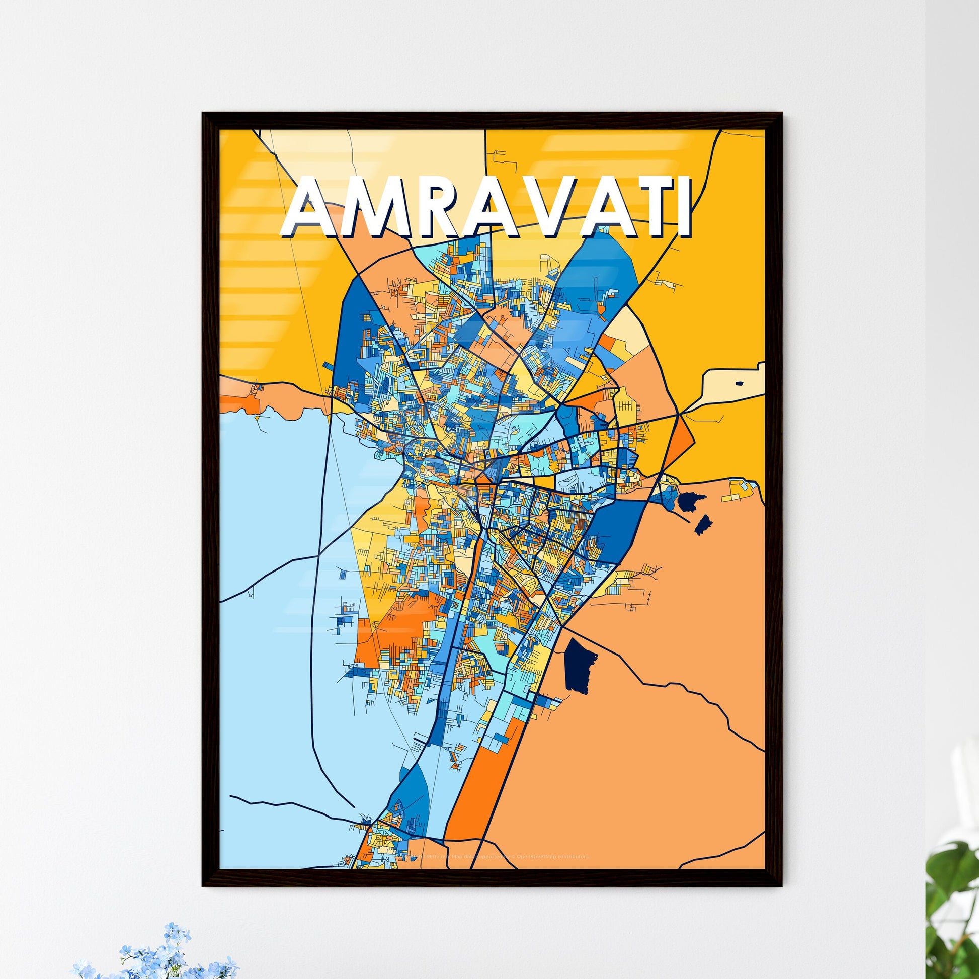 AMRAVATI INDIA Vibrant Colorful Art Map Poster Blue Orange