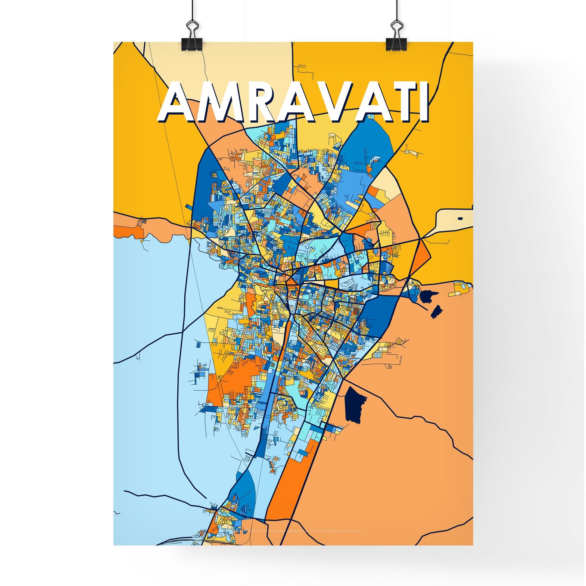 AMRAVATI INDIA Vibrant Colorful Art Map Poster Blue Orange