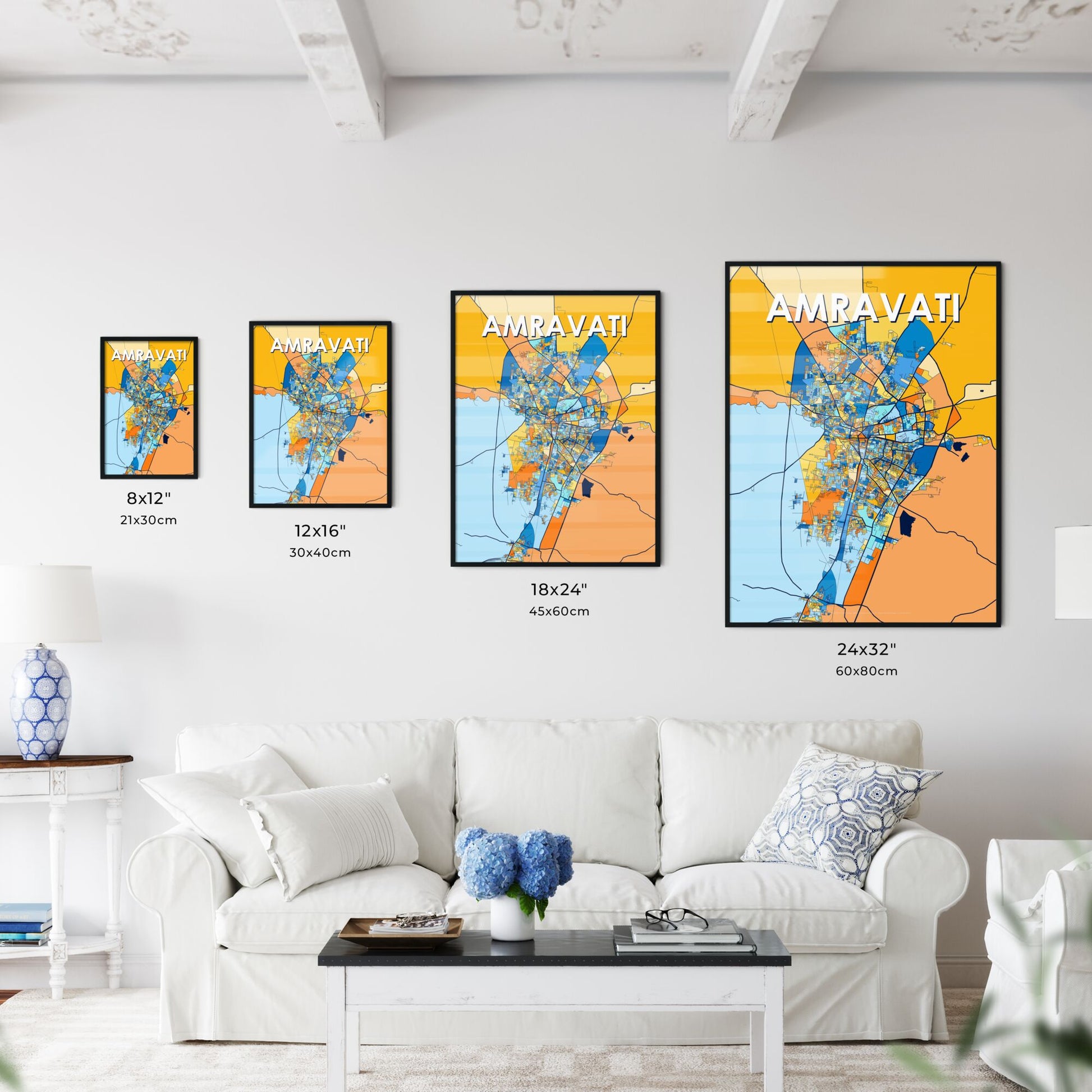 AMRAVATI INDIA Vibrant Colorful Art Map Poster Blue Orange