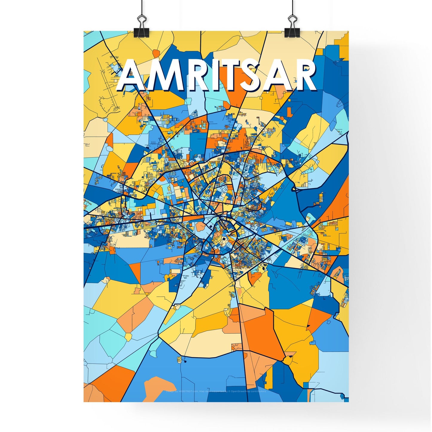 AMRITSAR INDIA Vibrant Colorful Art Map Poster Blue Orange