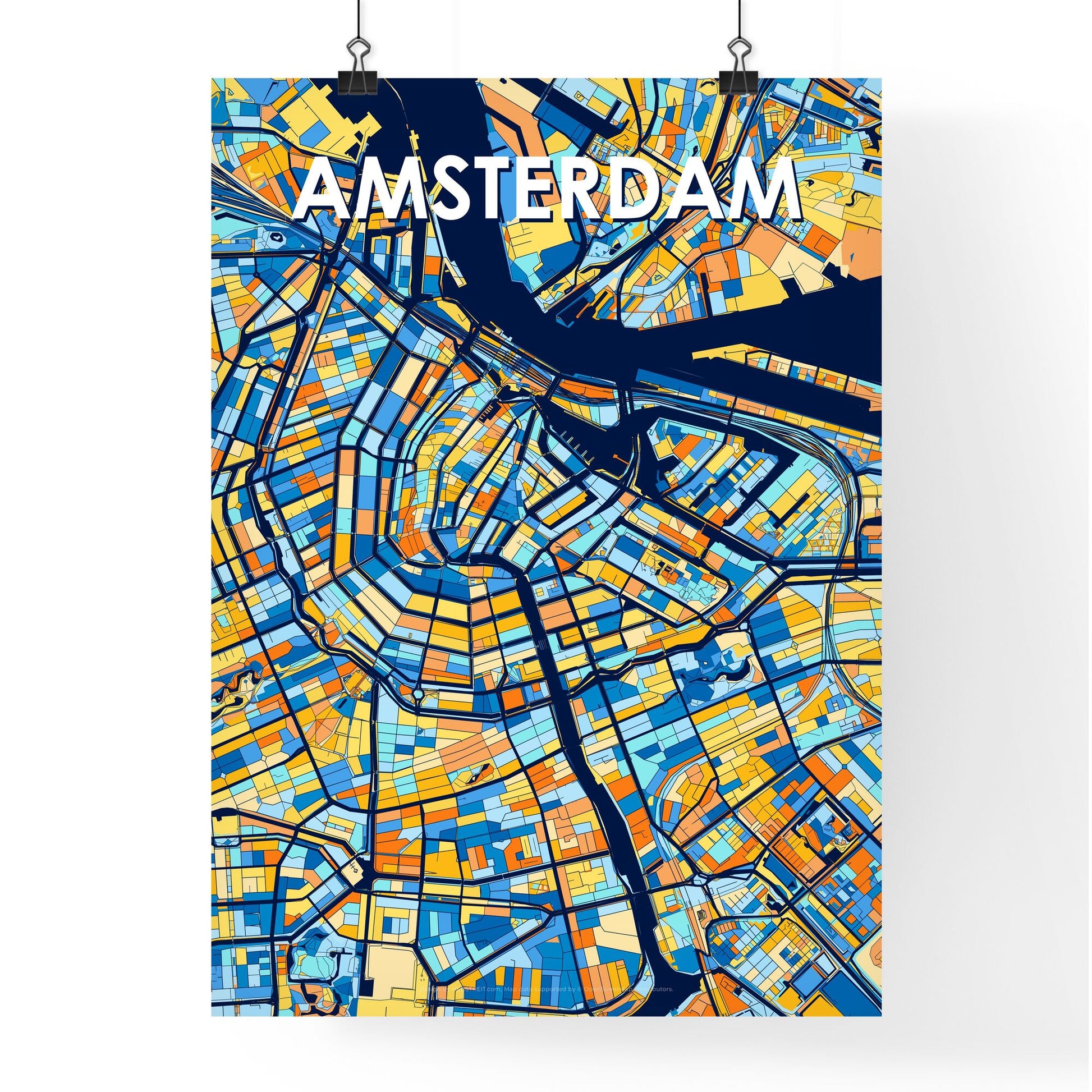 AMSTERDAM NETHERLANDS Vibrant Colorful Art Map Poster Blue Orange