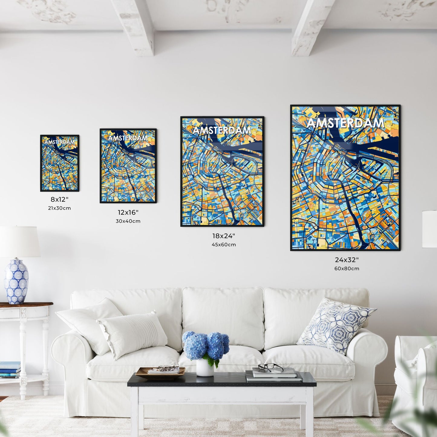 AMSTERDAM NETHERLANDS Vibrant Colorful Art Map Poster Blue Orange